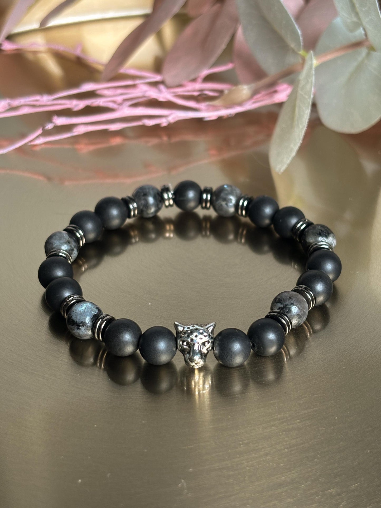 Shungit & Larvikit Männer Perlenarmband 8mm Perlen mit Edelstahl-Zwischenteilen und Leopardenkopf
