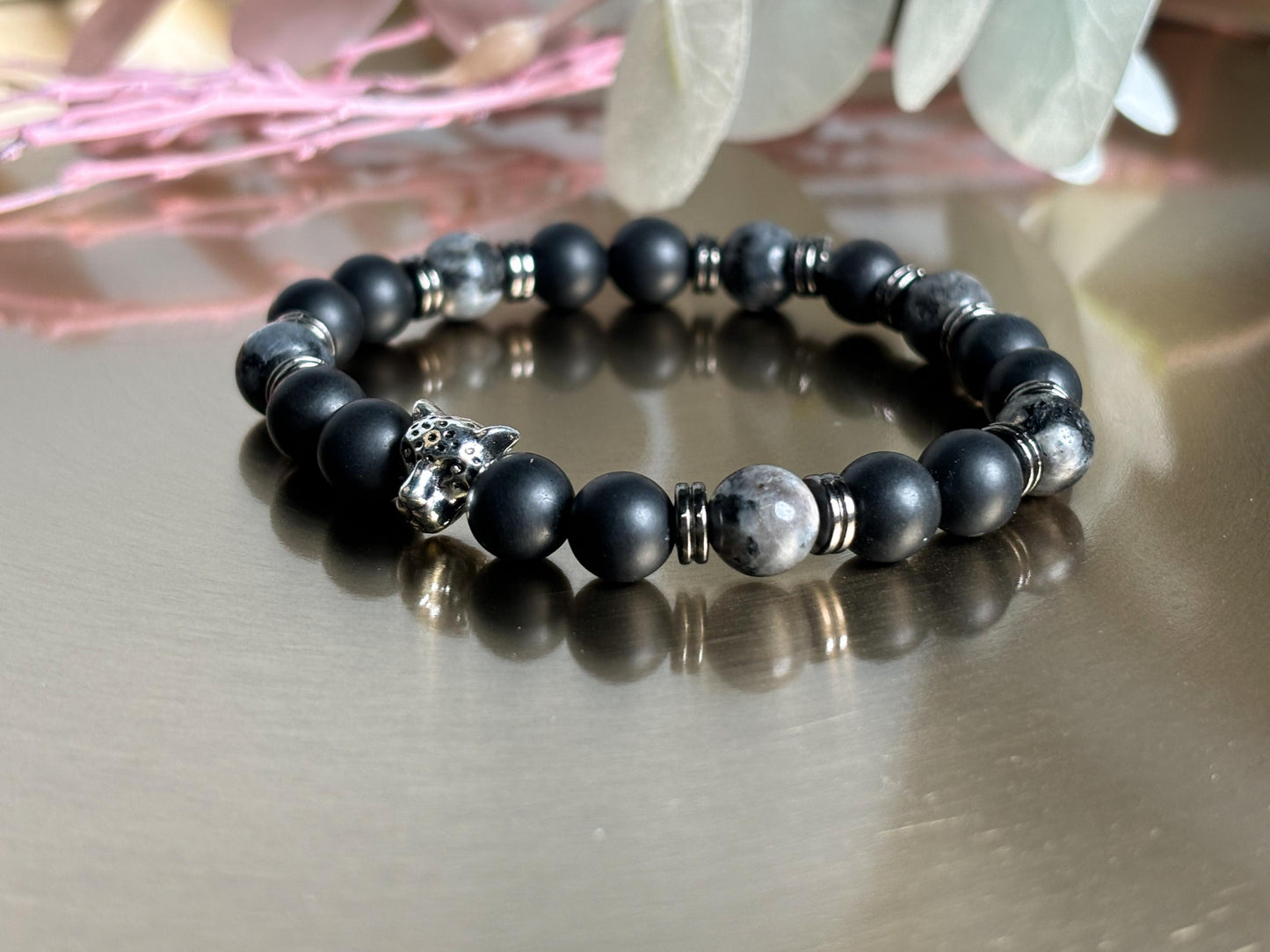 Shungit & Larvikit Männer Perlenarmband 8mm Perlen mit Edelstahl-Zwischenteilen und Leopardenkopf