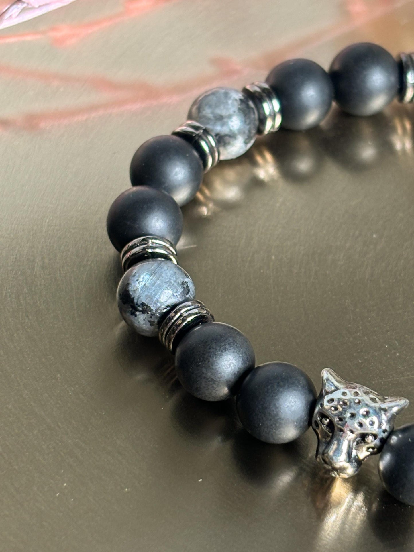Shungit & Larvikit Männer Perlenarmband 8mm Perlen mit Edelstahl-Zwischenteilen und Leopardenkopf