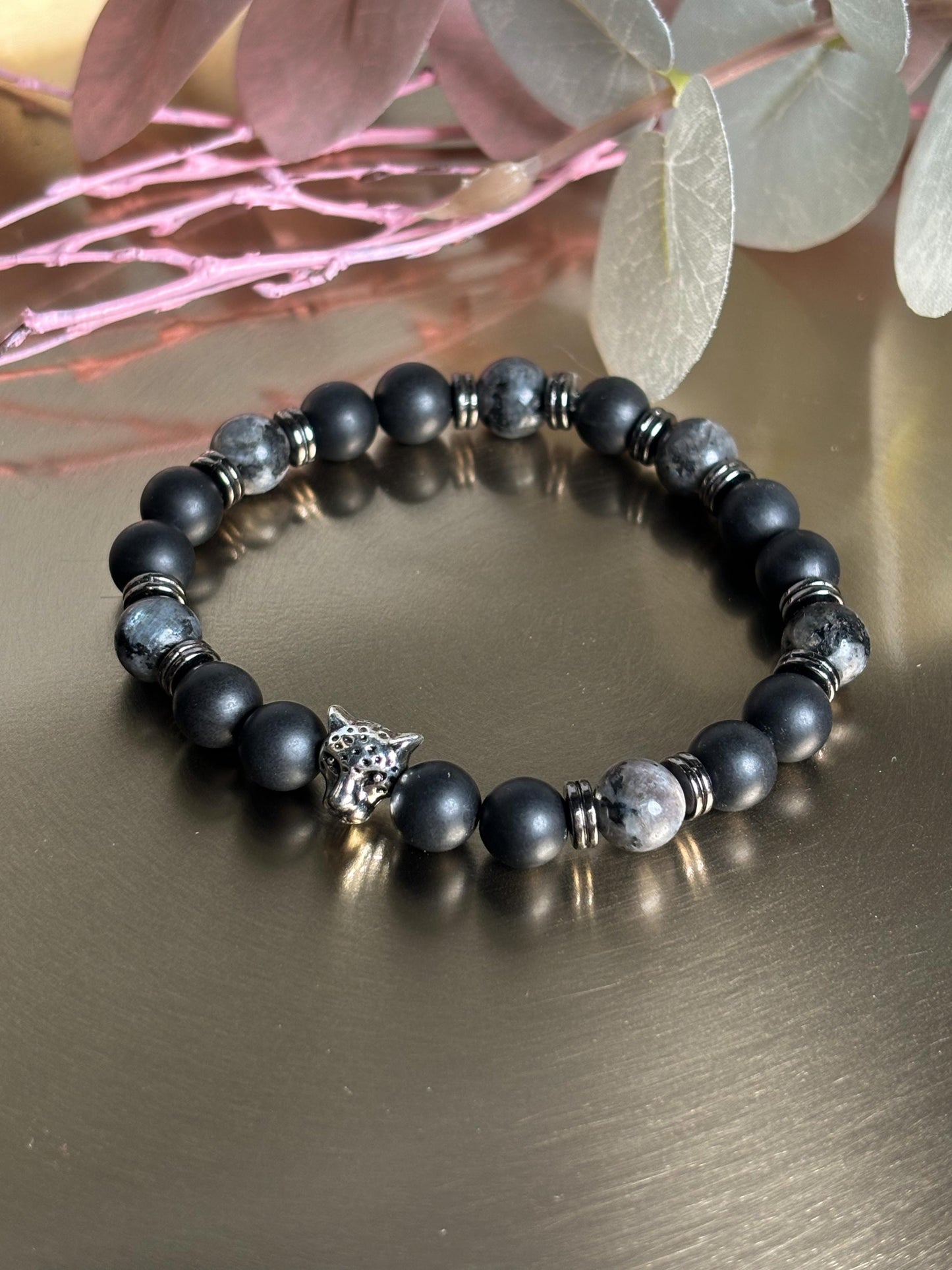 Shungit & Larvikit Männer Perlenarmband 8mm Perlen mit Edelstahl-Zwischenteilen und Leopardenkopf