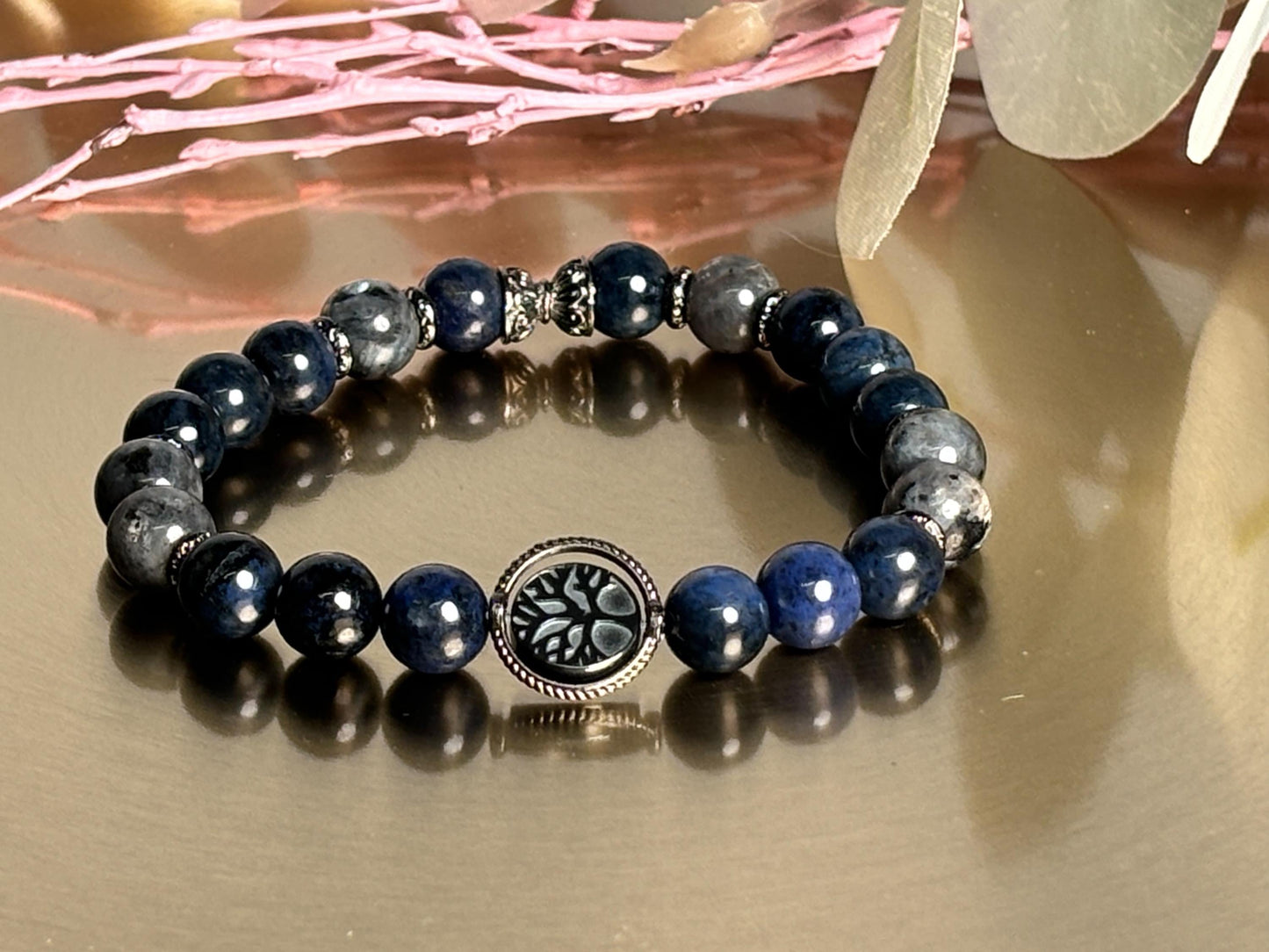 Sodalith & Larvikit Männer Perlenarmband 8mm Perlen, Edelstahl-Zwischenteile mit Lebensbaum