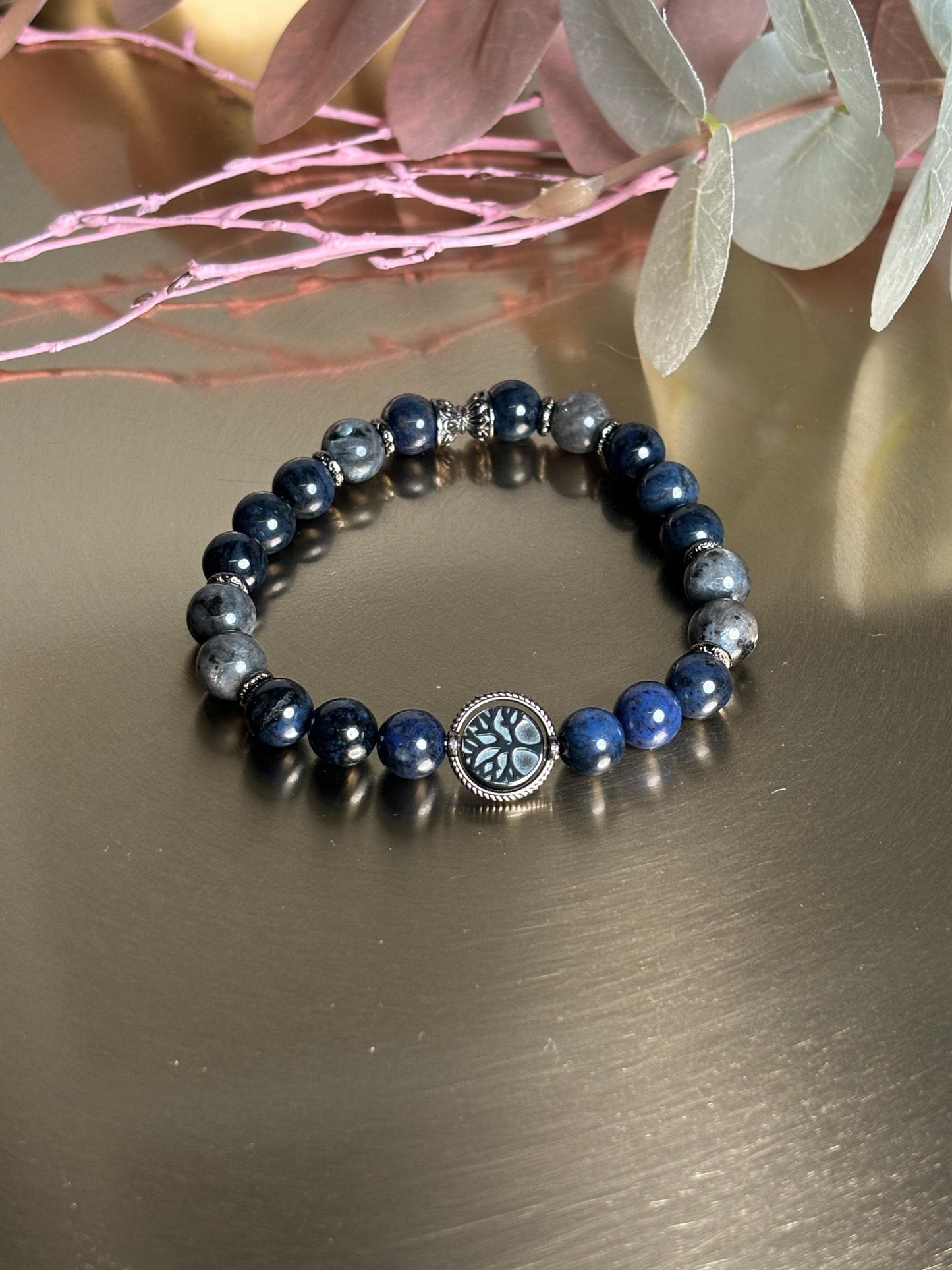 Sodalith & Larvikit Männer Perlenarmband 8mm Perlen, Edelstahl-Zwischenteile mit Lebensbaum