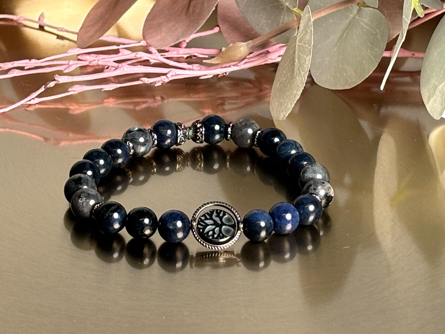 Sodalith & Larvikit Männer Perlenarmband 8mm Perlen, Edelstahl-Zwischenteile mit Lebensbaum