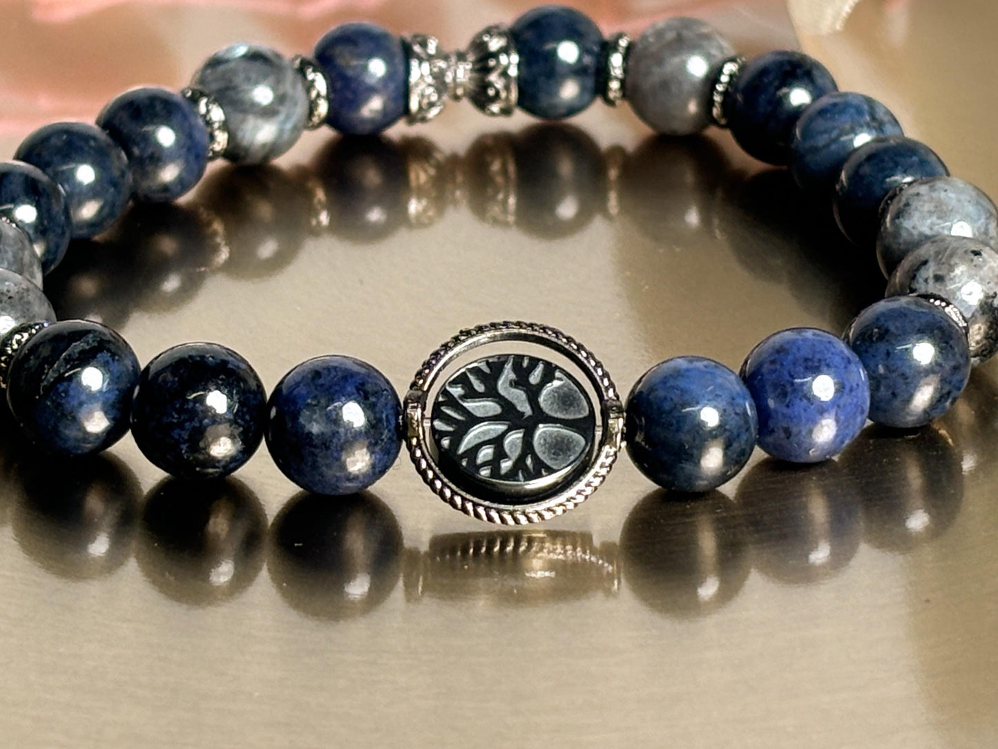 Sodalith & Larvikit Männer Perlenarmband 8mm Perlen, Edelstahl-Zwischenteile mit Lebensbaum