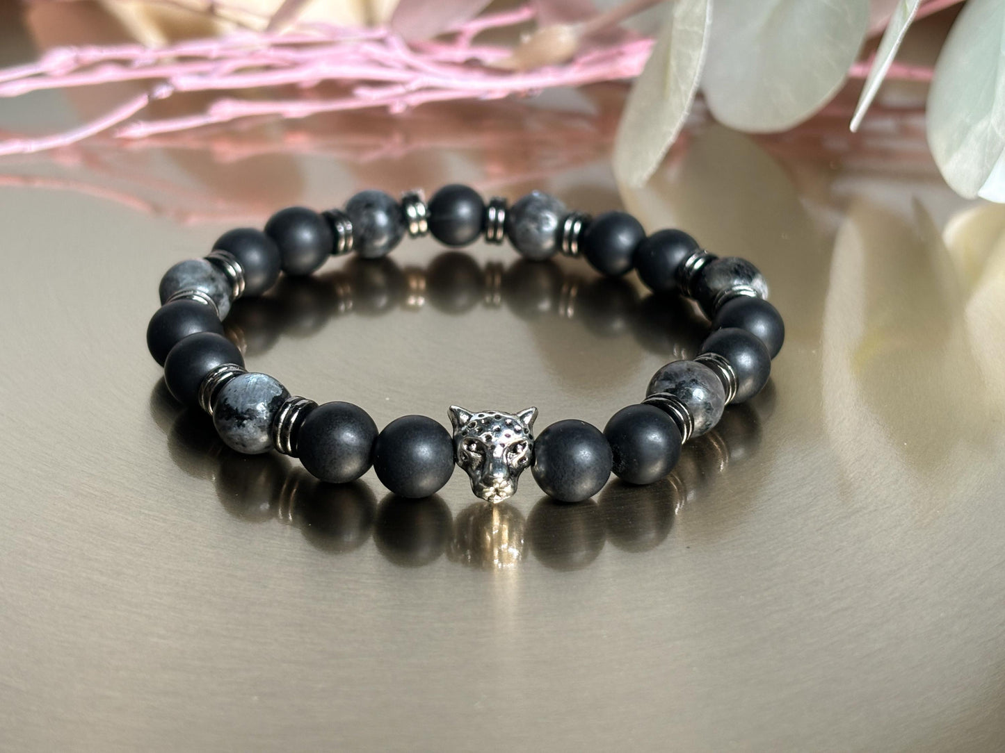 Shungit & Larvikit Männer Perlenarmband 8mm Perlen mit Edelstahl-Zwischenteilen und Leopardenkopf