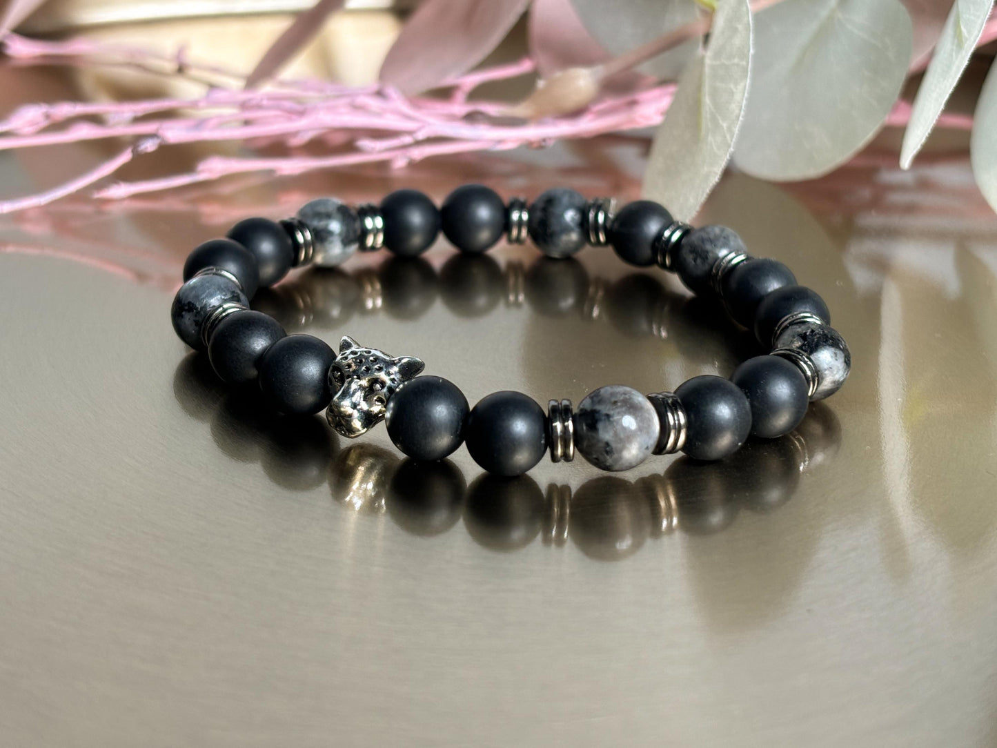 Shungit & Larvikit Männer Perlenarmband 8mm Perlen mit Edelstahl-Zwischenteilen und Leopardenkopf