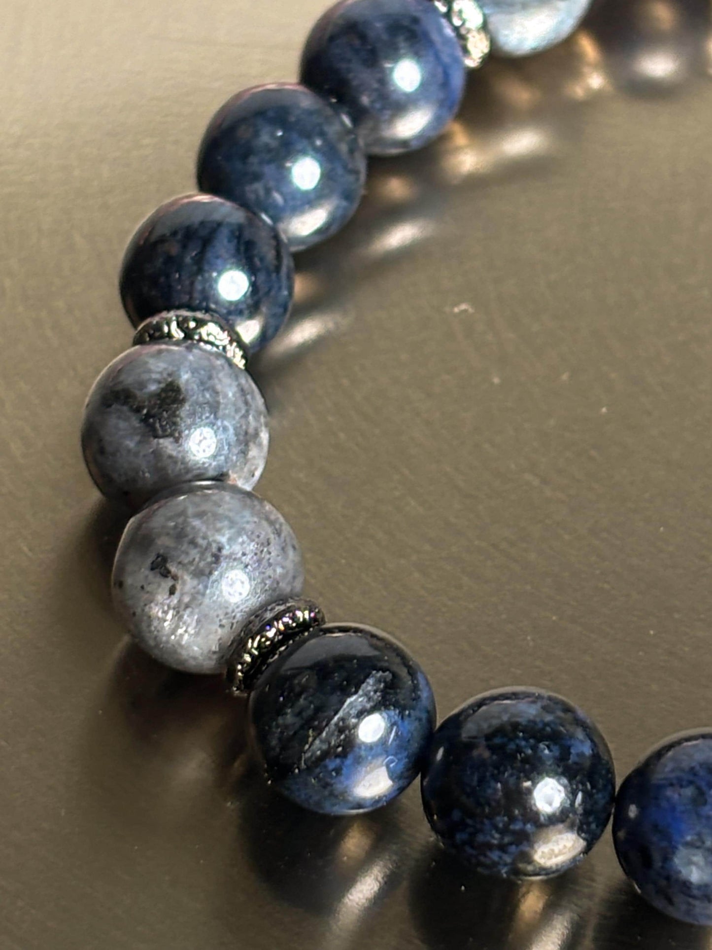 Sodalith & Larvikit Männer Perlenarmband 8mm Perlen, Edelstahl-Zwischenteile mit Lebensbaum