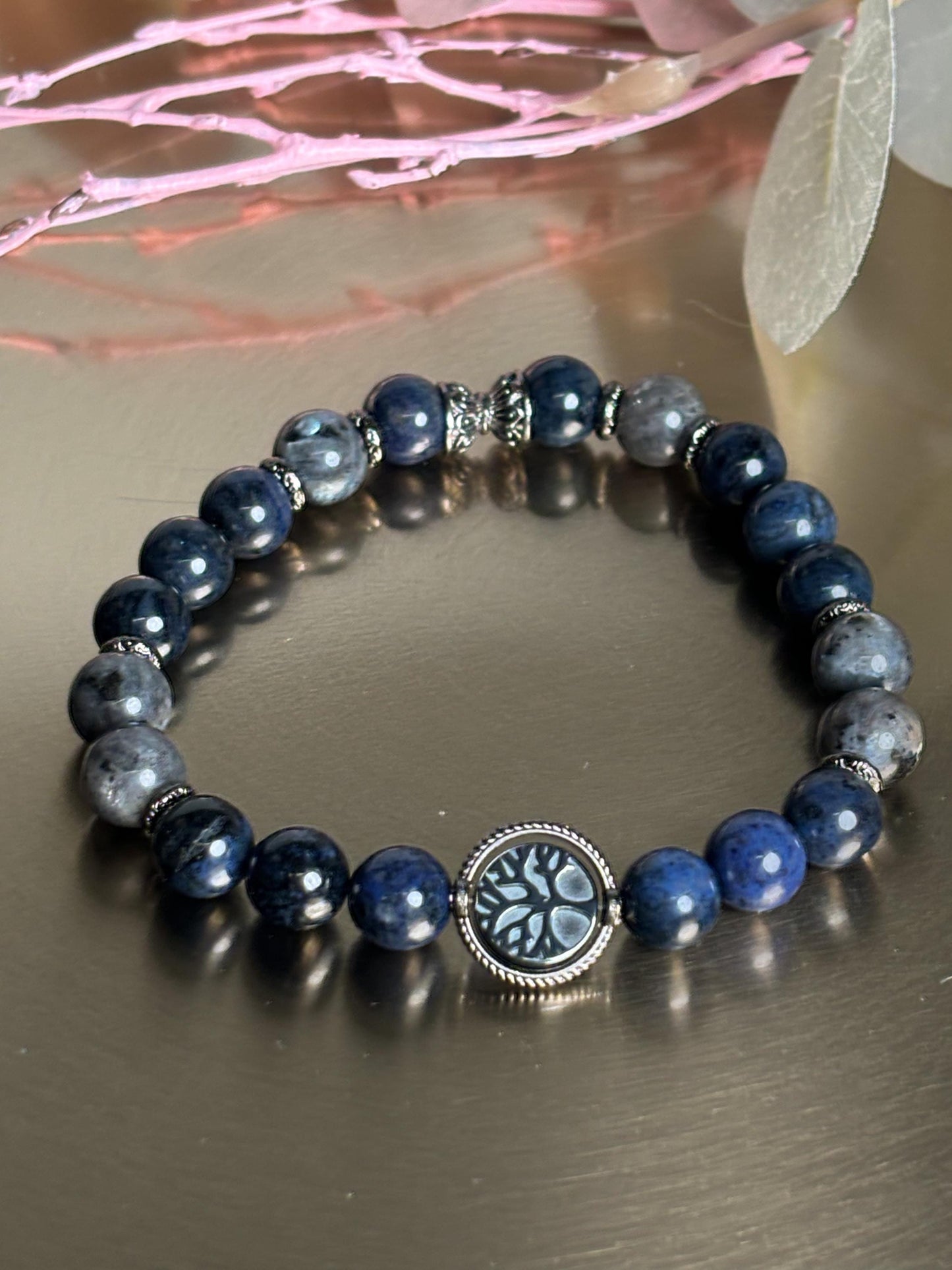 Sodalith & Larvikit Männer Perlenarmband 8mm Perlen, Edelstahl-Zwischenteile mit Lebensbaum