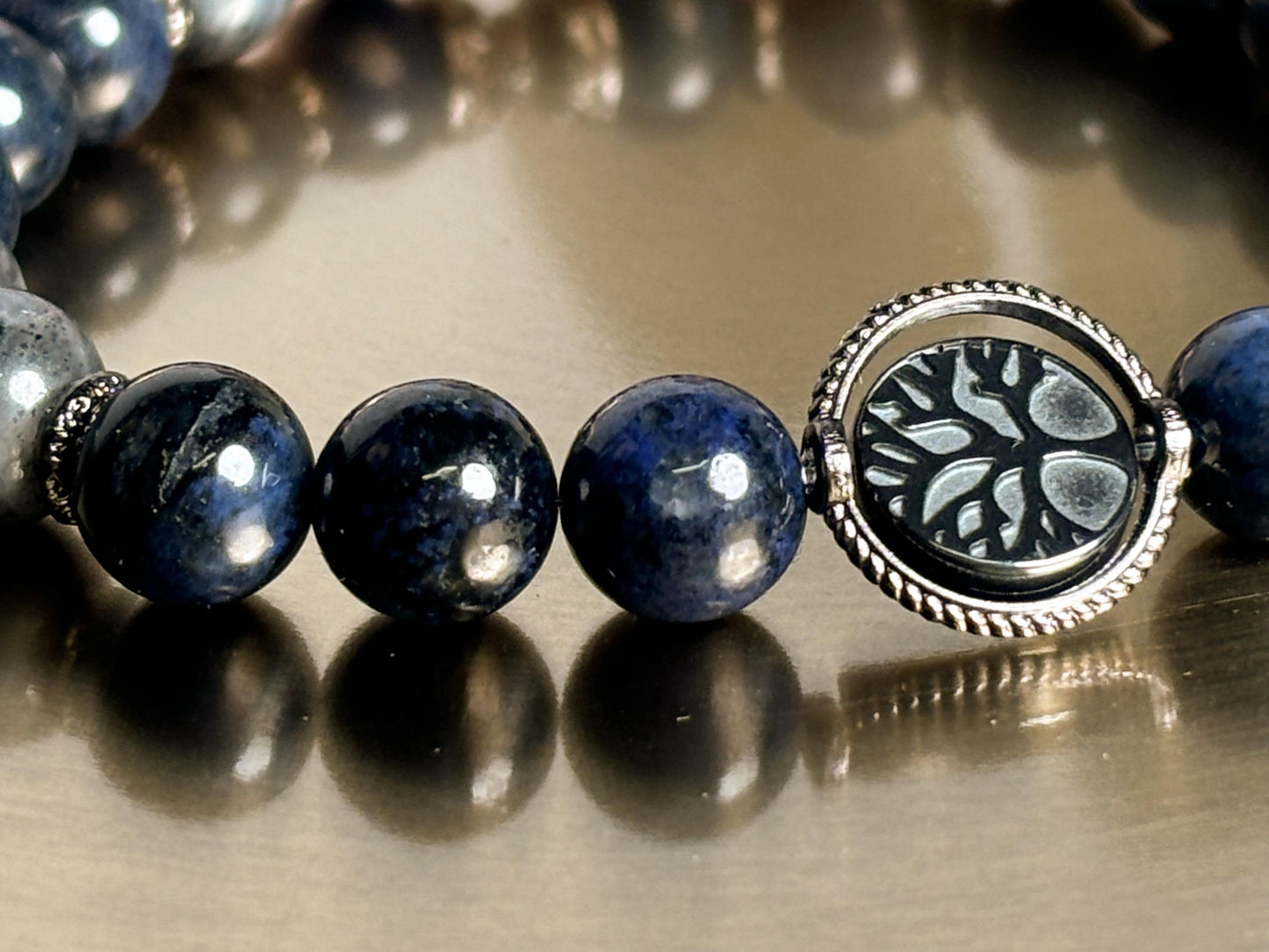 Sodalith & Larvikit Männer Perlenarmband 8mm Perlen, Edelstahl-Zwischenteile mit Lebensbaum