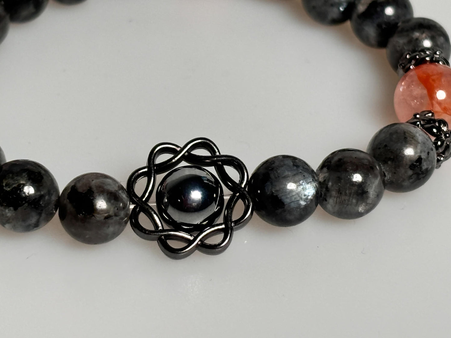 Elastisches Armband aus Larvikit, Feuerquarz & Terra Hertz Perlen 8mm edler Kristallschmuck