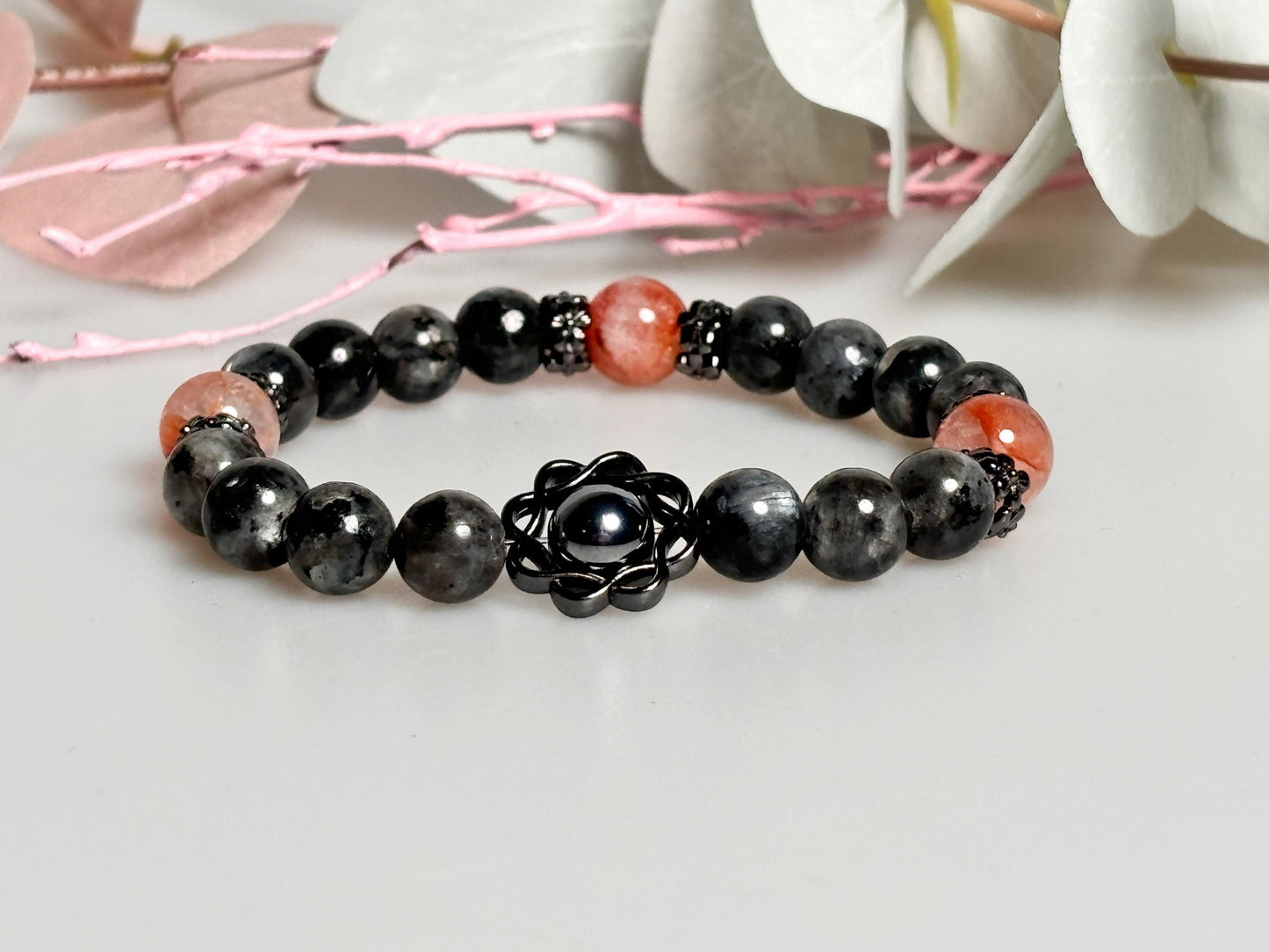 Elastisches Armband aus Larvikit, Feuerquarz & Terra Hertz Perlen 8mm edler Kristallschmuck
