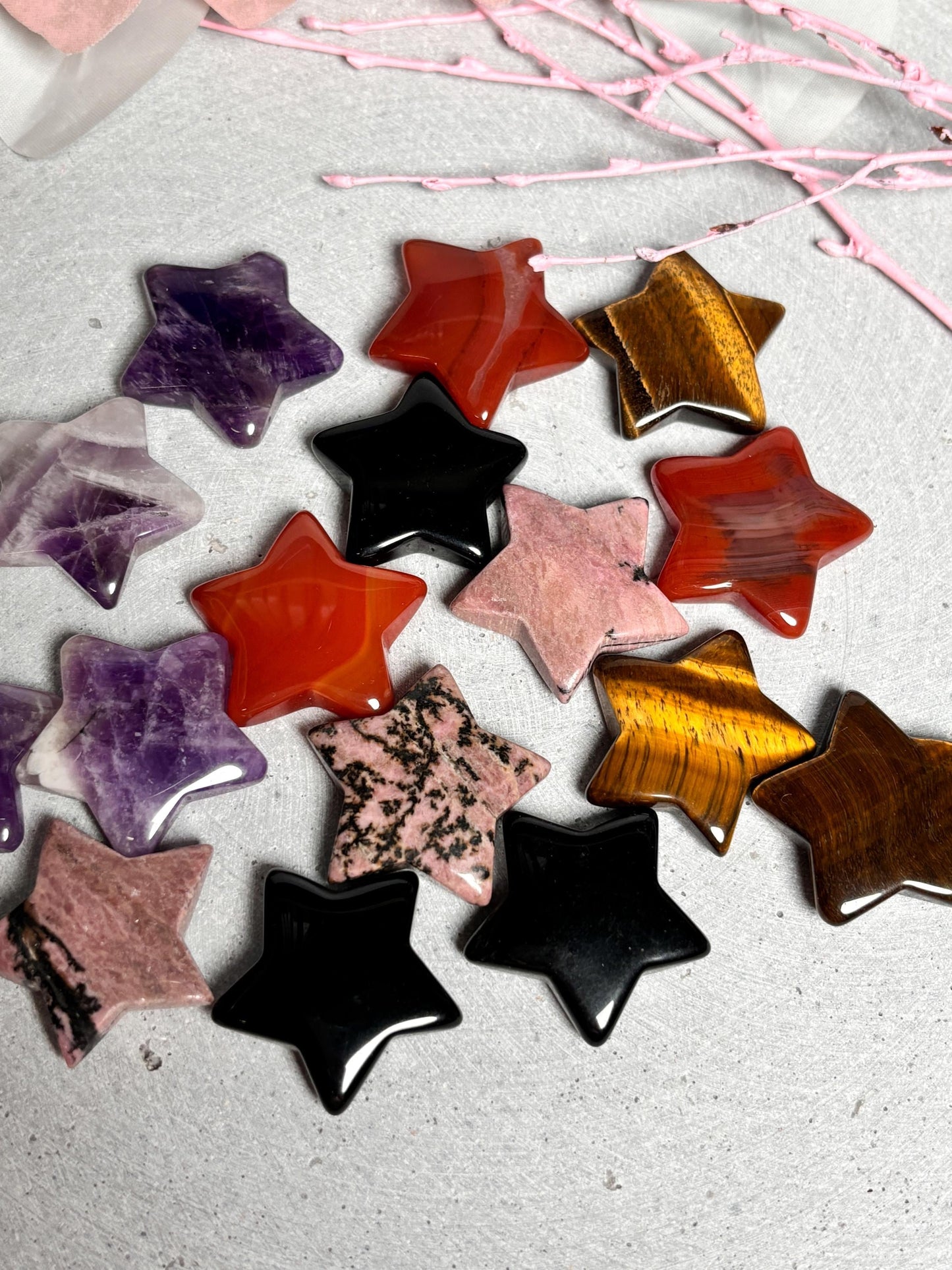 Kleine Kristallsterne Tigerauge, Amethyst, Karneol, Obsidian & Rhodonit Deko , Geschenkidee aus Edelsteinen