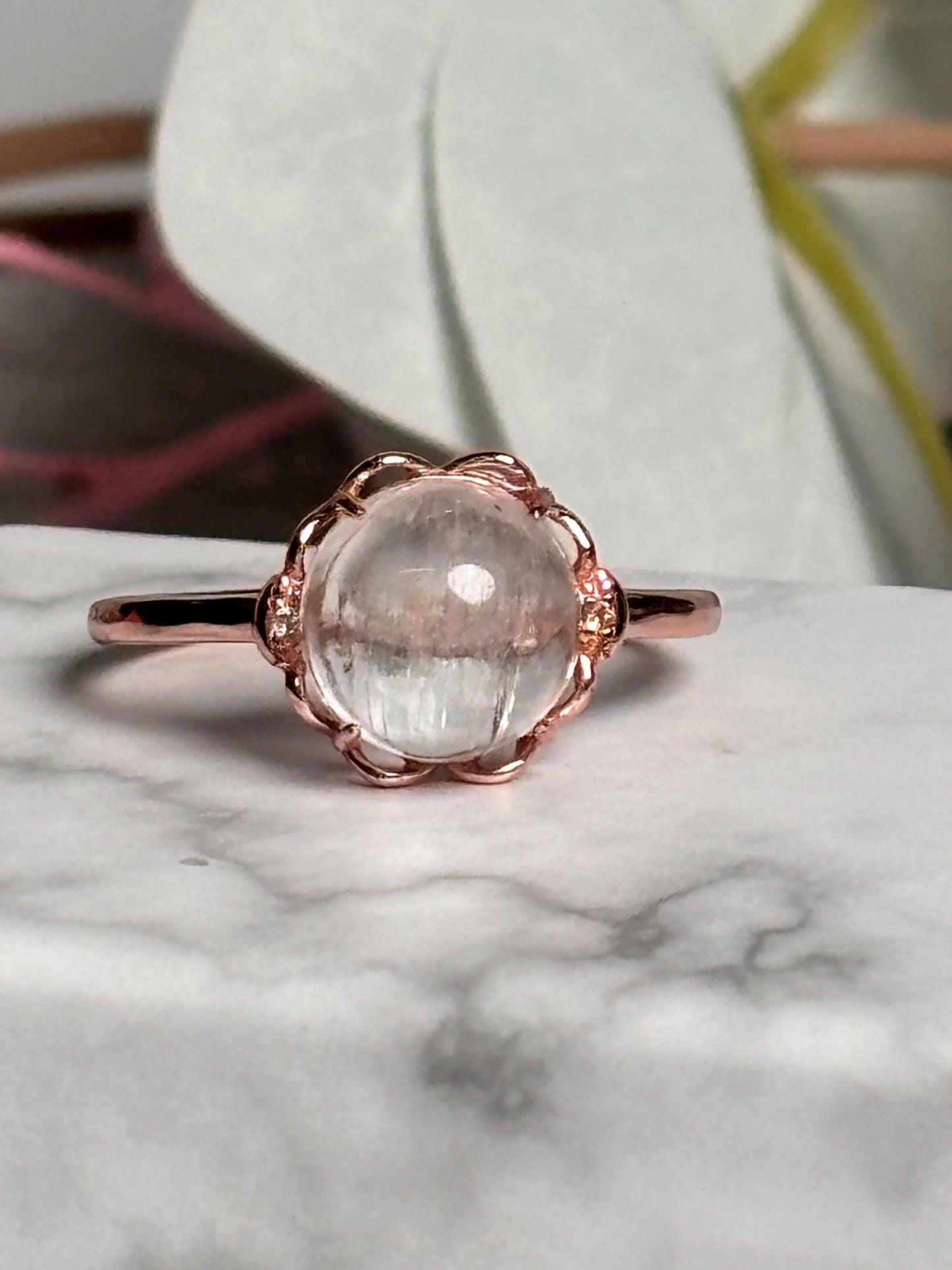 925 Silberring rosévergold, größenverstellbar mit großem transparentem Kunzit Stein eleganter Schmuck für jeden Anlass