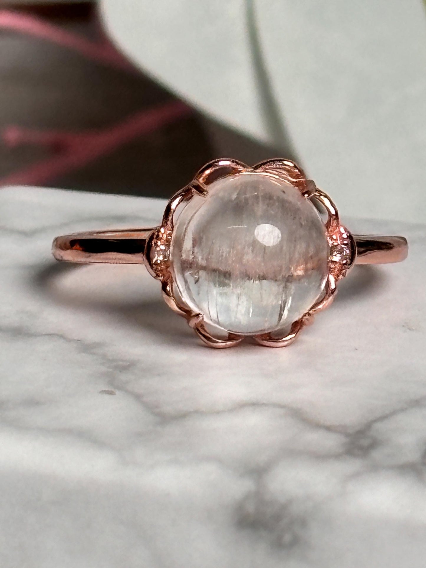 925 Silberring rosévergold, größenverstellbar mit großem transparentem Kunzit Stein eleganter Schmuck für jeden Anlass