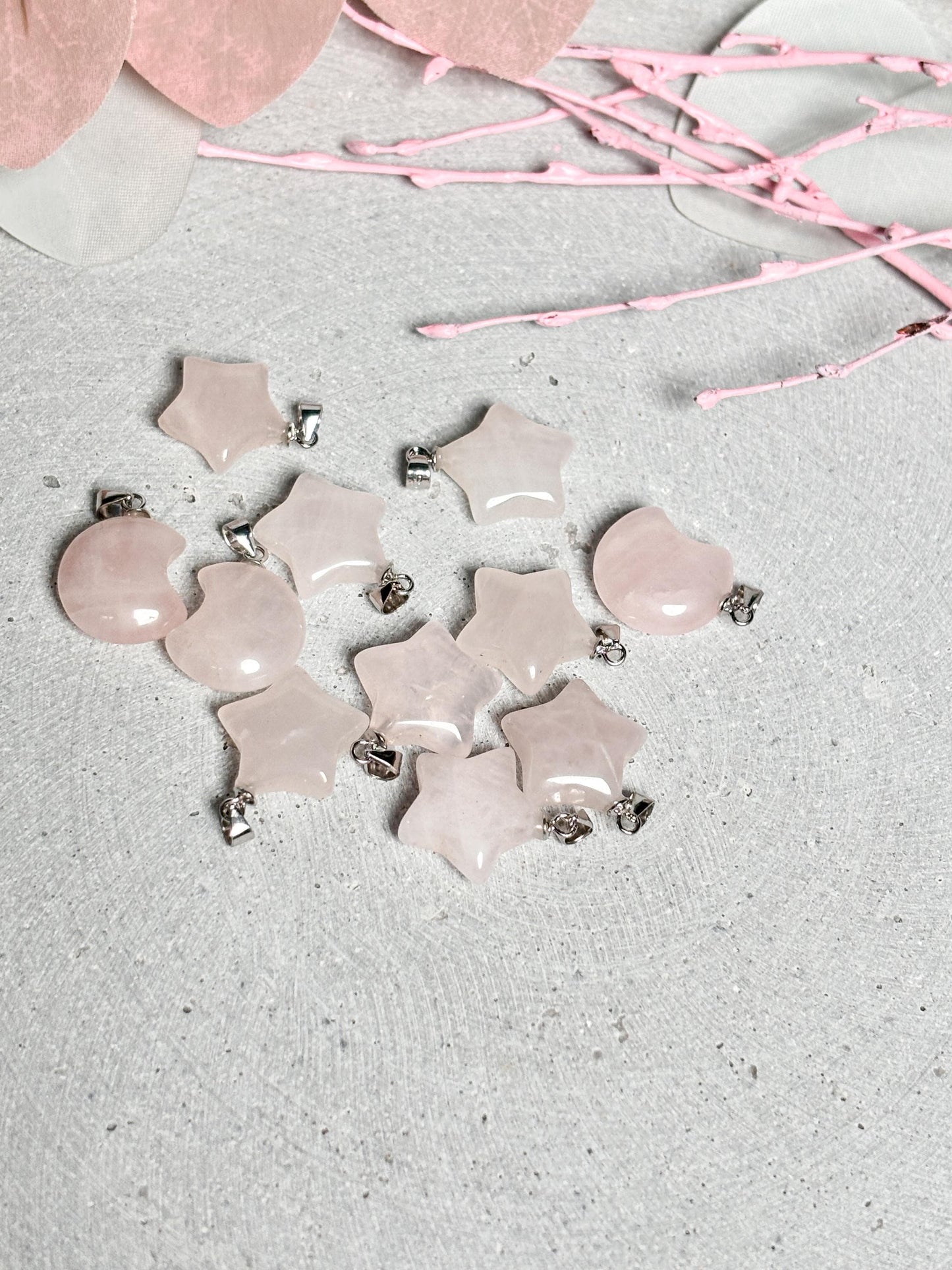 Kleine Rosenquarz Stern- und Mondanhänger | 925 Silberöse | Kristallschmuck