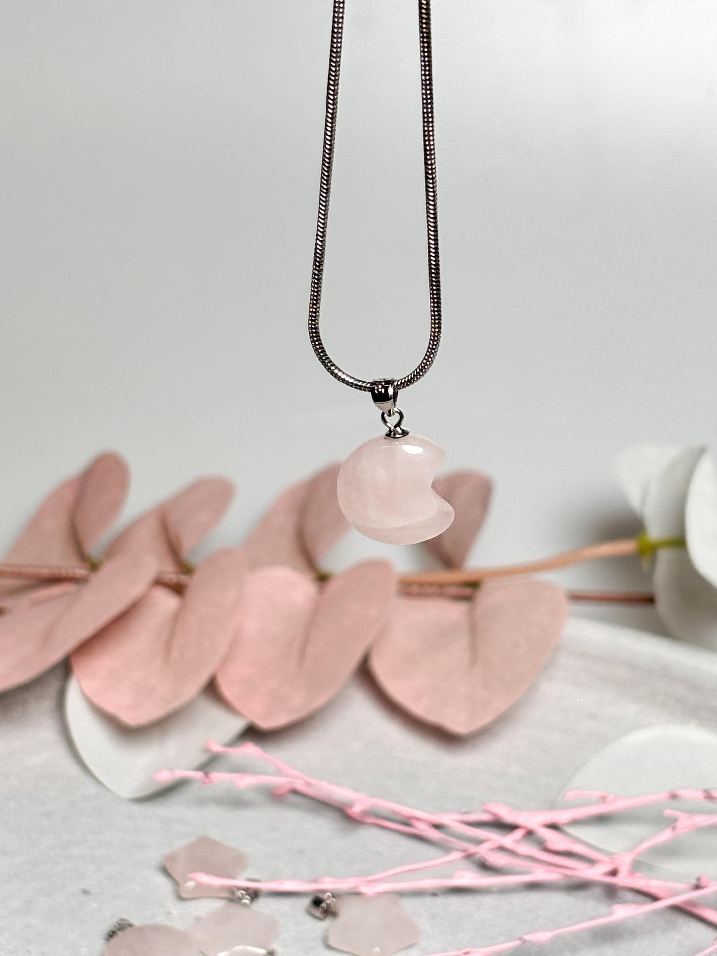 Kleine Rosenquarz Stern- und Mondanhänger | 925 Silberöse | Kristallschmuck