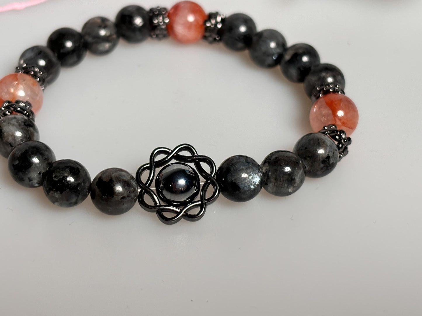 Elastisches Armband aus Larvikit, Feuerquarz & Terra Hertz Perlen 8mm edler Kristallschmuck
