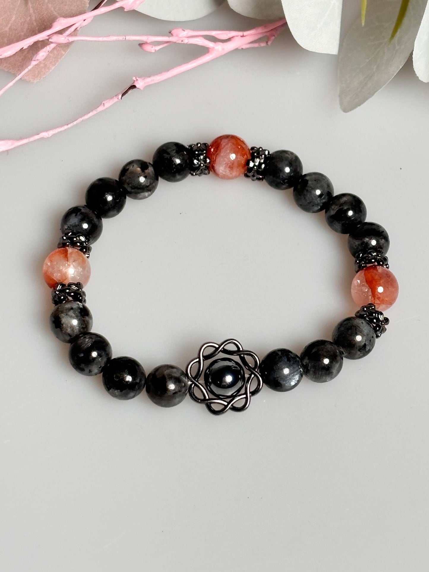 Elastisches Armband aus Larvikit, Feuerquarz & Terra Hertz Perlen 8mm edler Kristallschmuck