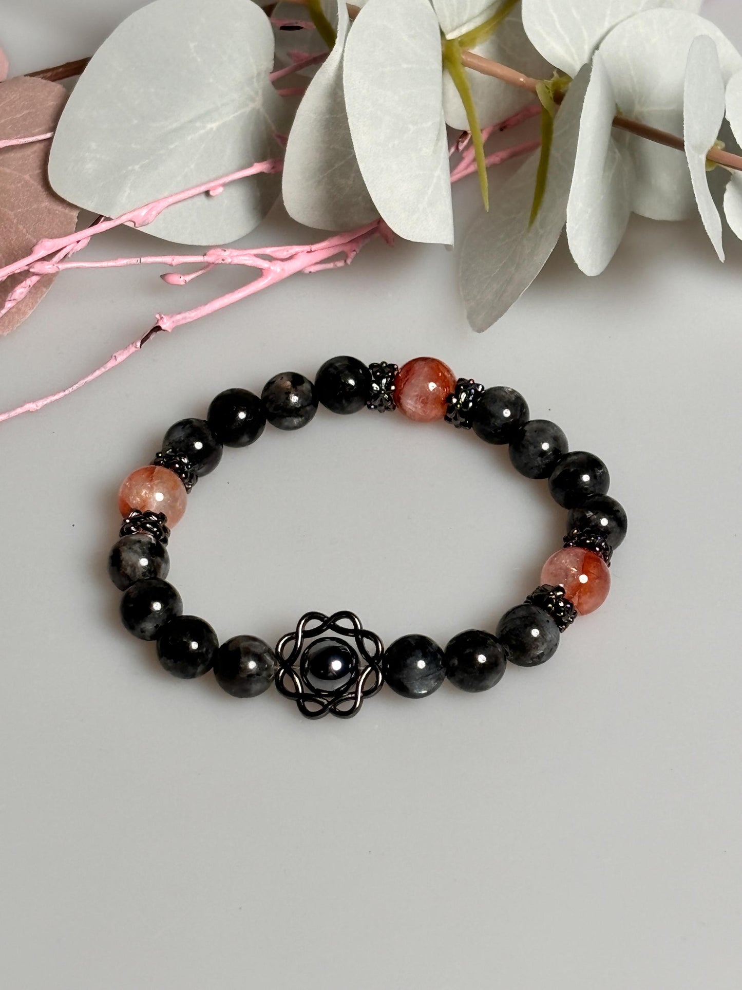 Elastisches Armband aus Larvikit, Feuerquarz & Terra Hertz Perlen 8mm edler Kristallschmuck