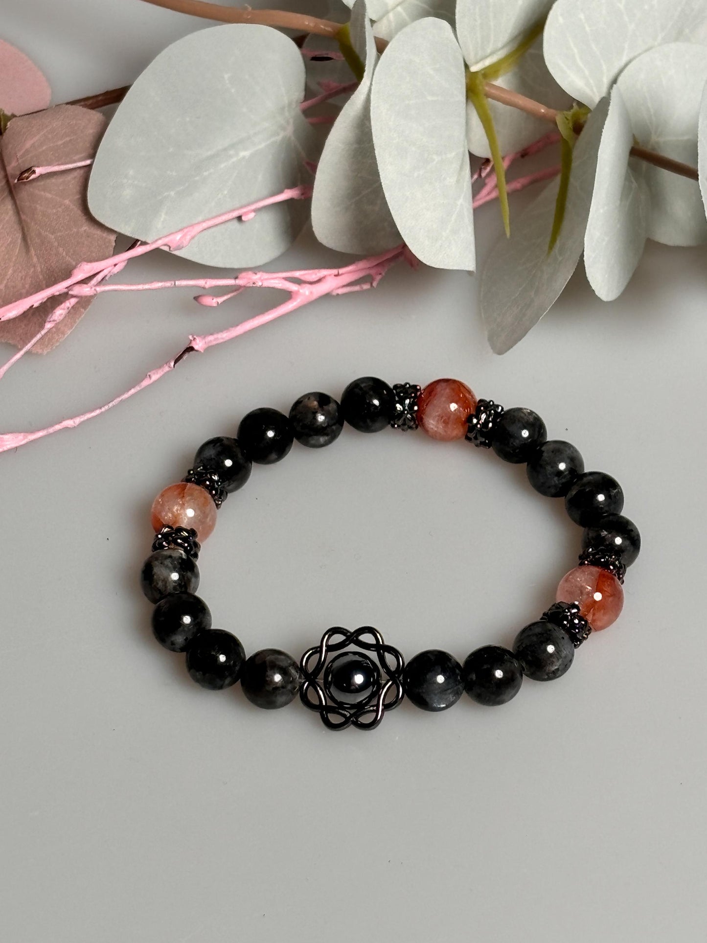 Elastisches Armband aus Larvikit, Feuerquarz & Terra Hertz Perlen 8mm edler Kristallschmuck