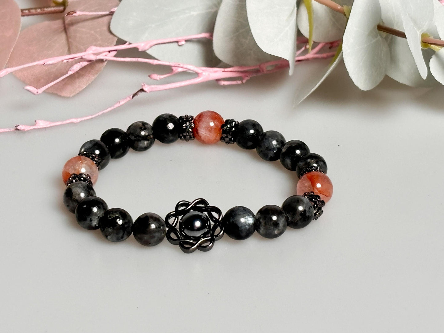 Elastisches Armband aus Larvikit, Feuerquarz & Terra Hertz Perlen 8mm edler Kristallschmuck