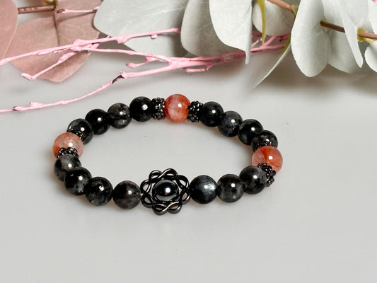 Elastisches Armband aus Larvikit, Feuerquarz & Terra Hertz Perlen 8mm – edler Kristallschmuck