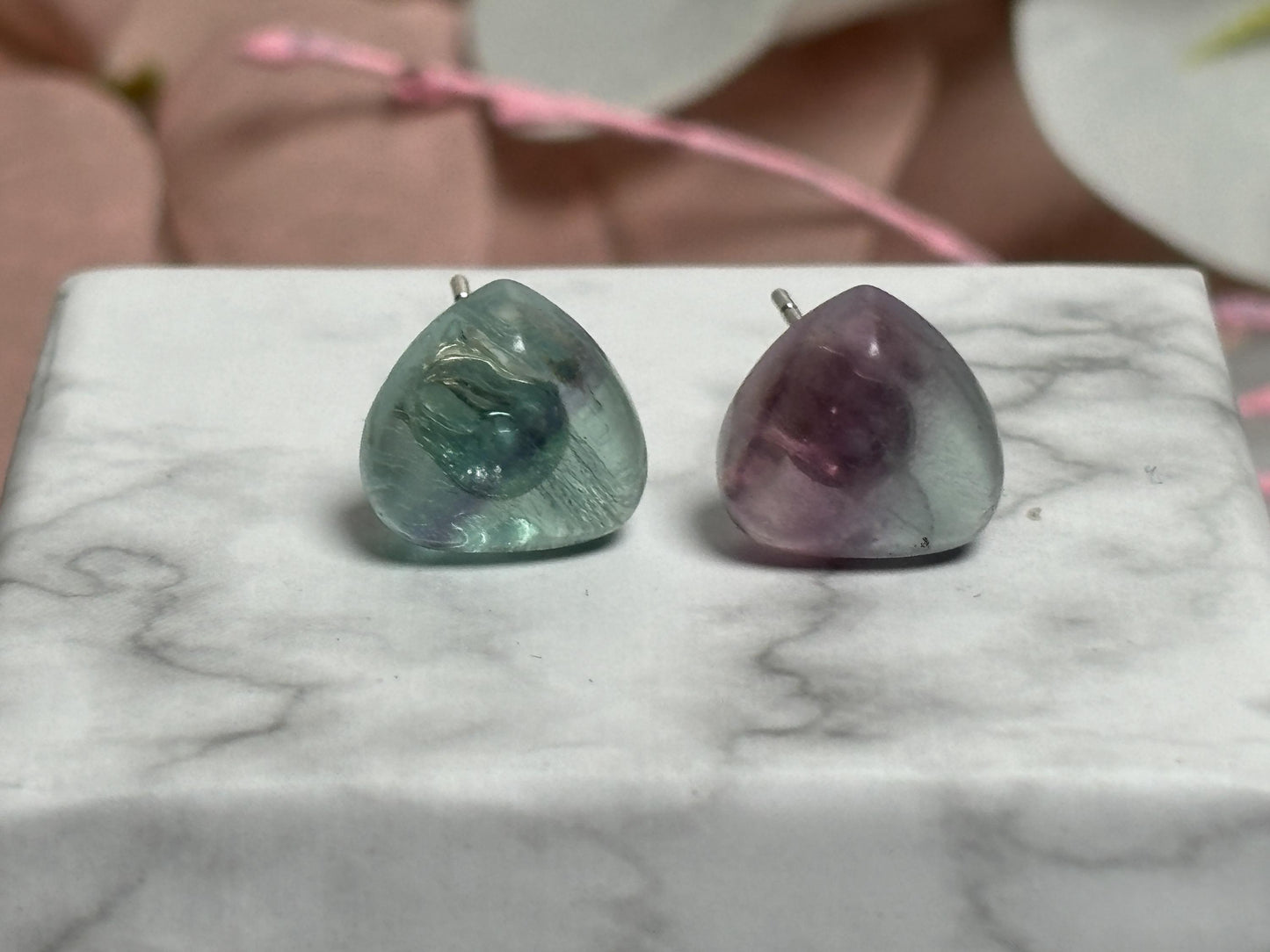 Fluorit Herz Ohrringe Edelstein Ohrstecker mit 925 Silber Nadel