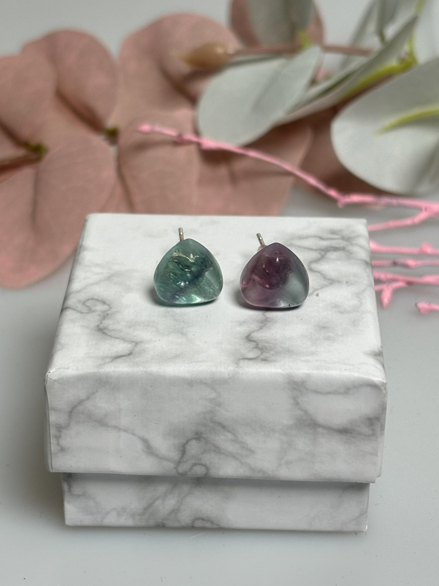 Fluorit Herz Ohrringe Edelstein Ohrstecker mit 925 Silber Nadel