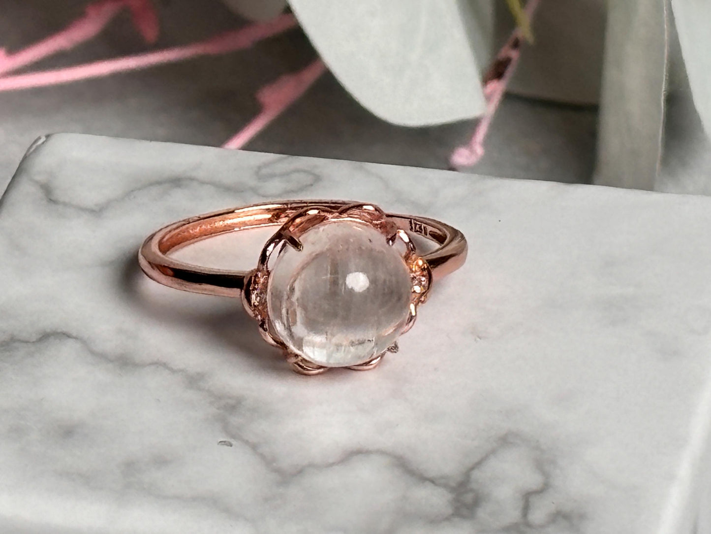 925 Silberring rosévergold, größenverstellbar mit großem transparentem Kunzit Stein eleganter Schmuck für jeden Anlass