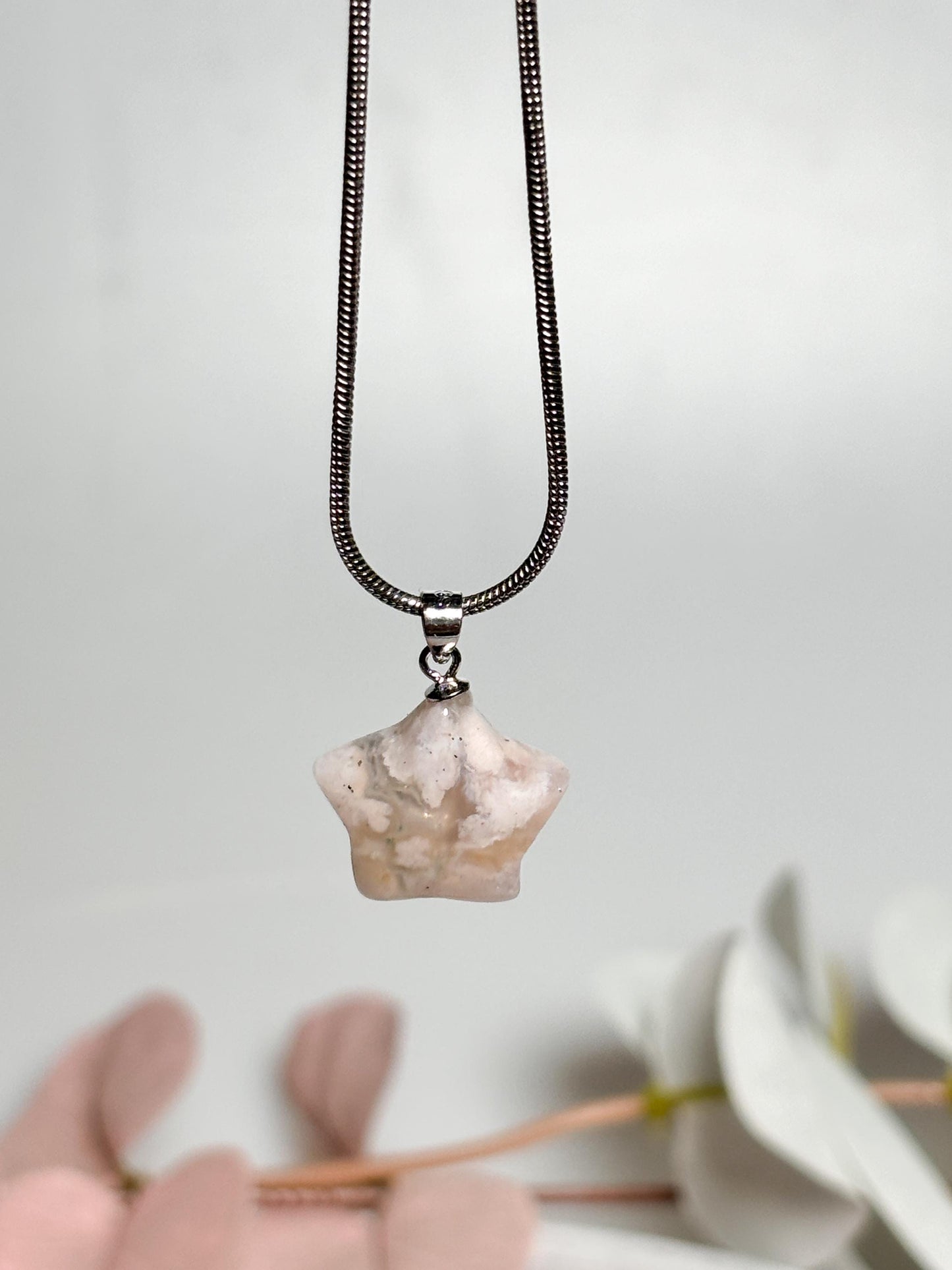 Kleine Blumenachat Stern Kettenanhänger | 925 Silberöse | Naturstein Stern Schmuck