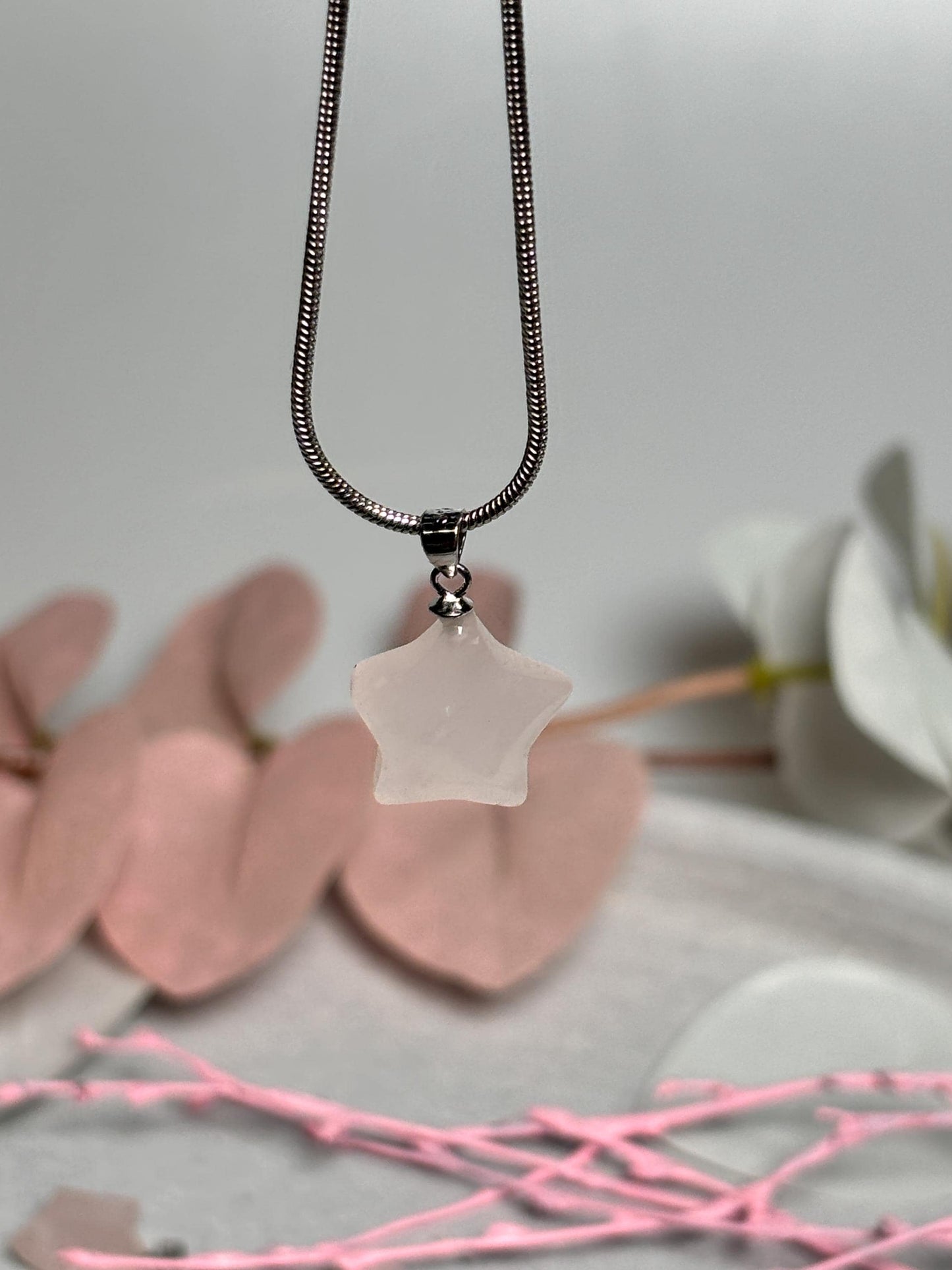 Kleine Rosenquarz Stern- und Mondanhänger | 925 Silberöse | Kristallschmuck