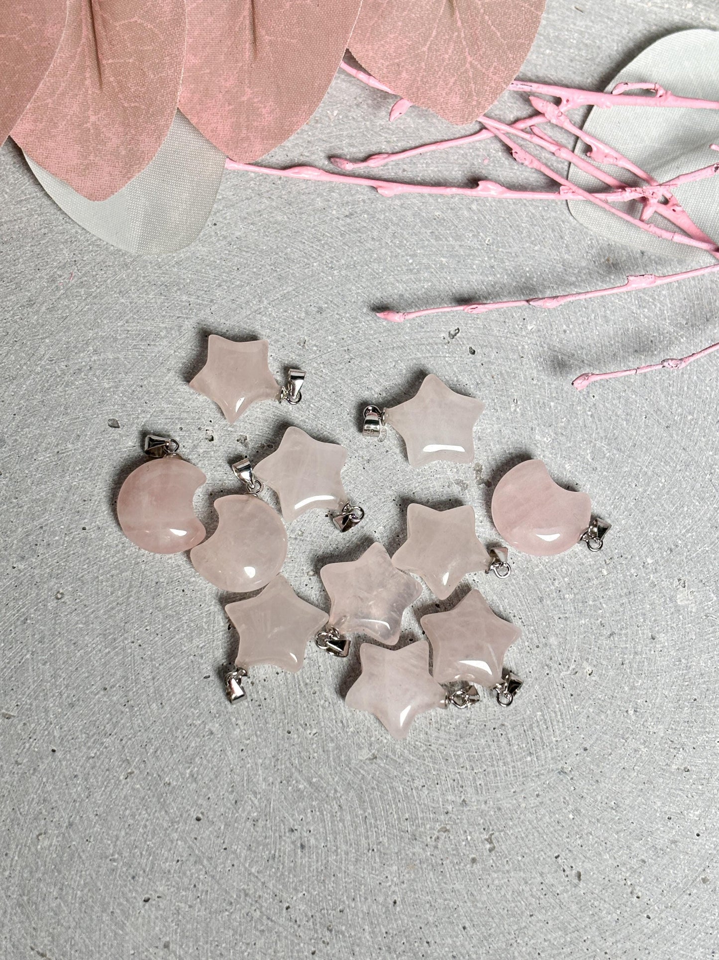 Kleine Rosenquarz Stern- und Mondanhänger | 925 Silberöse | Kristallschmuck