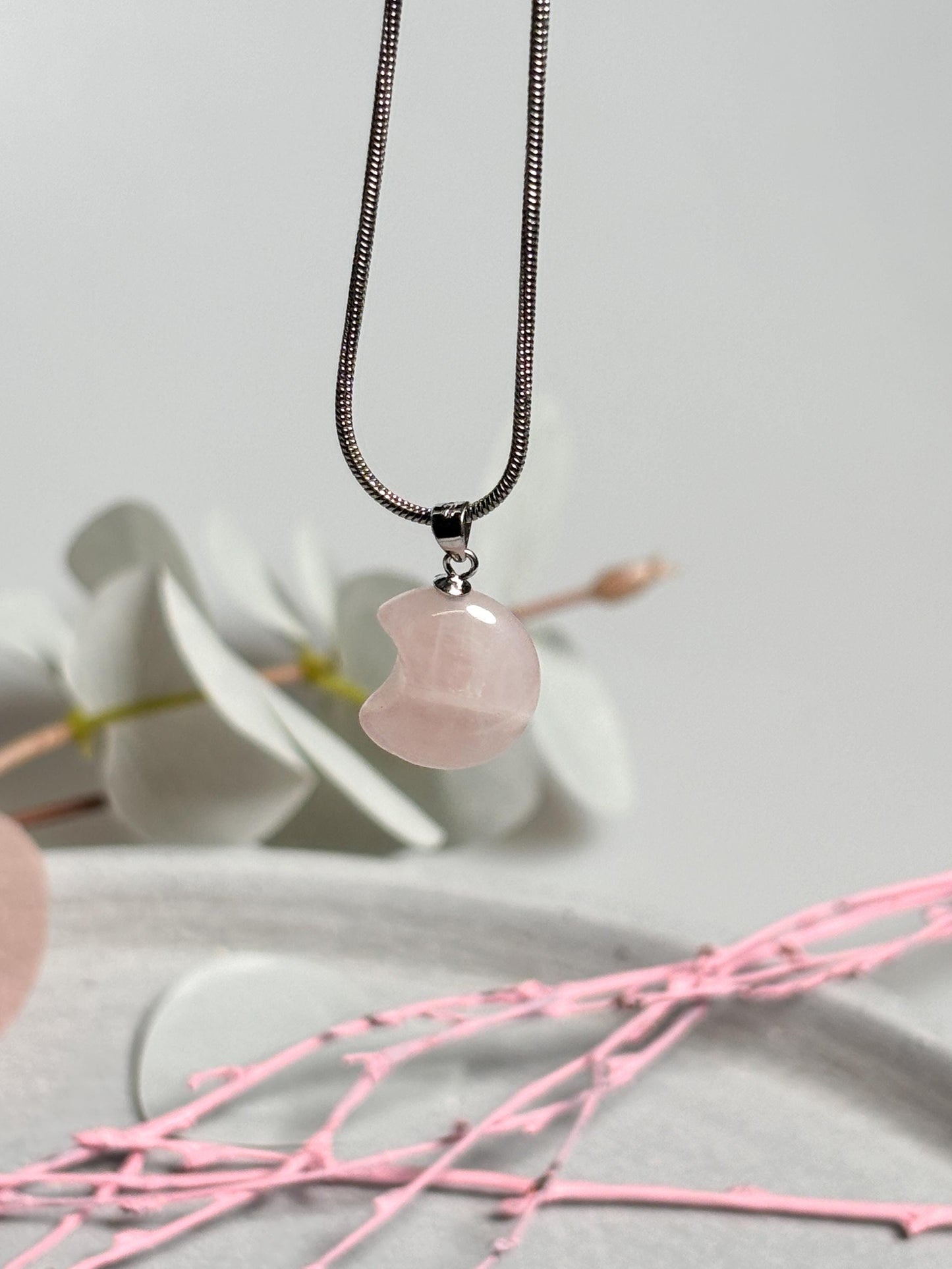 Kleine Rosenquarz Stern- und Mondanhänger | 925 Silberöse | Kristallschmuck