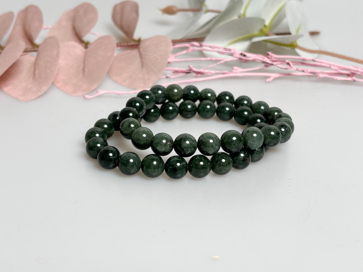 Grüner Rutilquarz Perlenarmband 9mm Elastisches Edelstein Armband 17,5cm Schutzstein Schmuck Geschenkidee