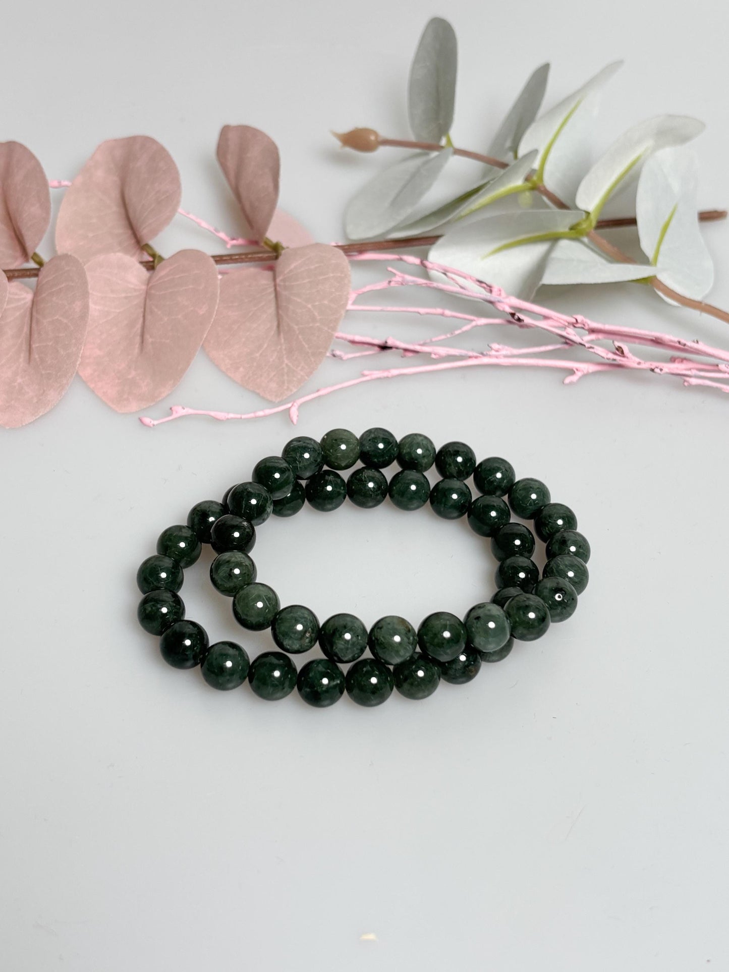 Grüner Rutilquarz Perlenarmband 9mm Elastisches Edelstein Armband 17,5cm Schutzstein Schmuck Geschenkidee