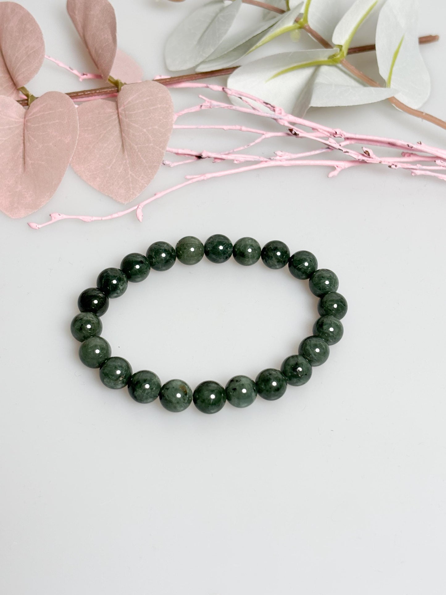 Grüner Rutilquarz Perlenarmband 9mm Elastisches Edelstein Armband 17,5cm Schutzstein Schmuck Geschenkidee