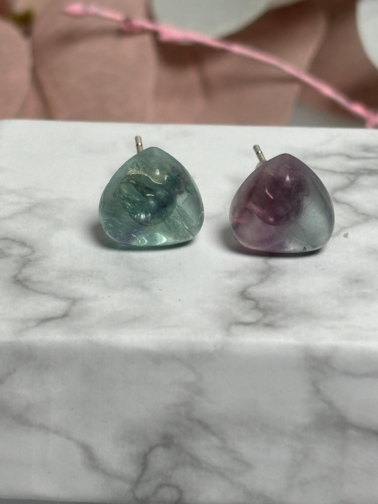 Fluorit Herz Ohrringe Edelstein Ohrstecker mit 925 Silber Nadel
