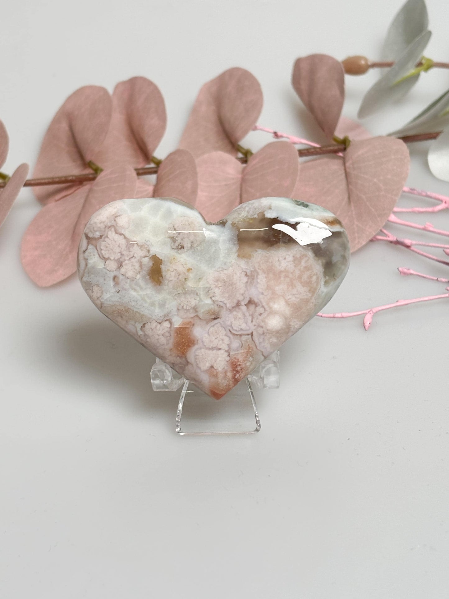 Flower Achat Herz Naturstein mit zarten Blütenmustern | Handschmeichler & Deko
