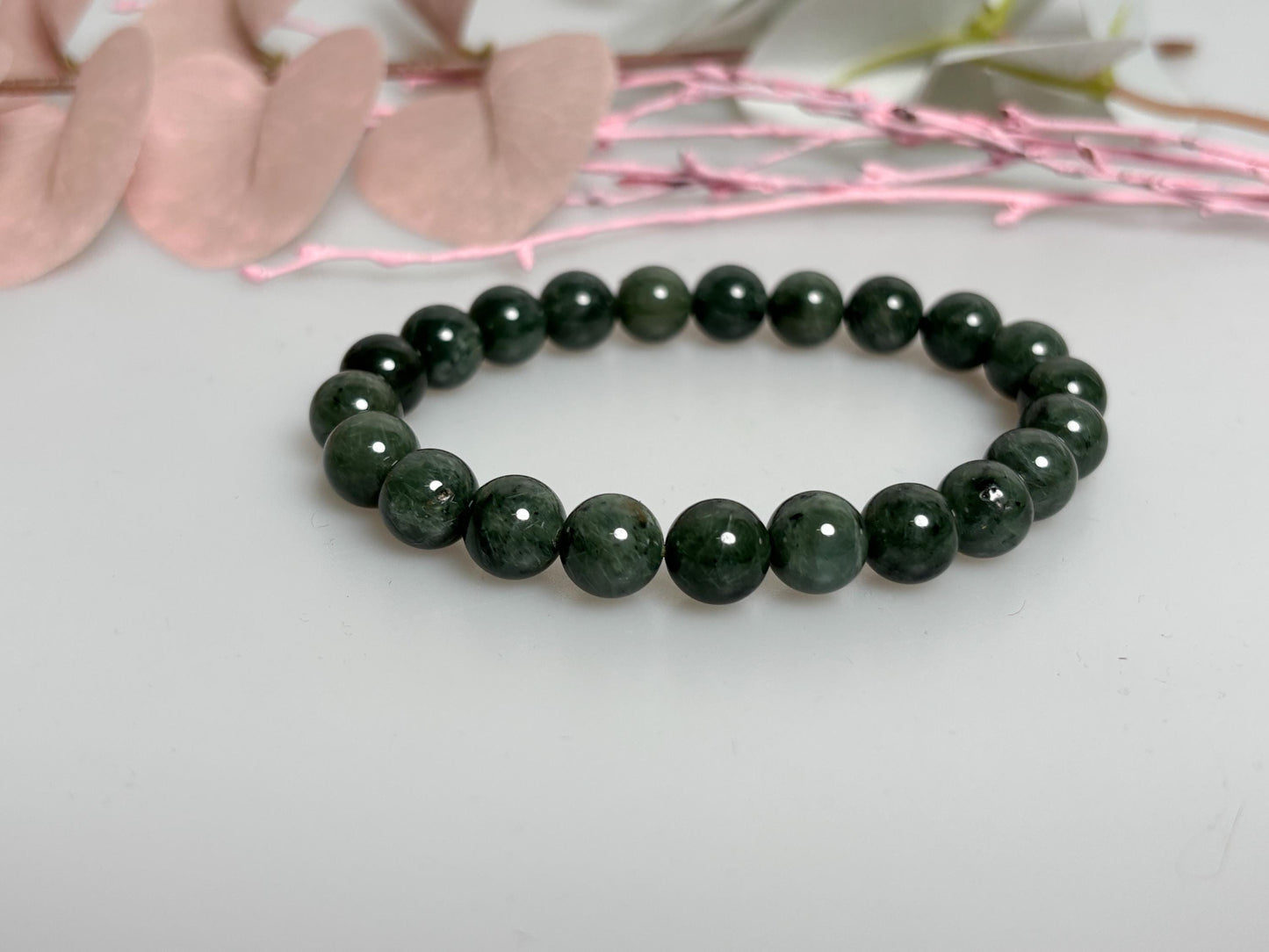 Grüner Rutilquarz Perlenarmband 9mm Elastisches Edelstein Armband 17,5cm Schutzstein Schmuck Geschenkidee