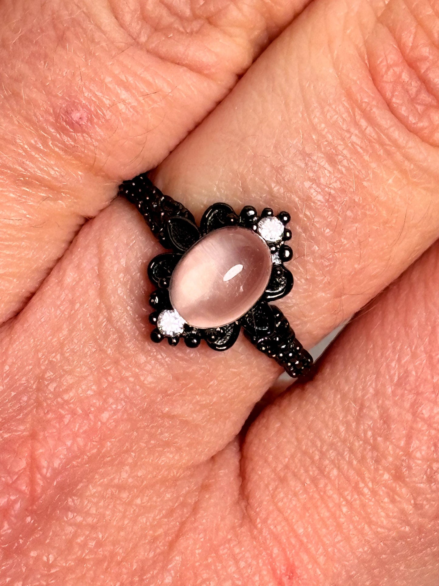 Schwarzer Retro-Ring 925 Silber mit Rosenquarz Größenverstellbarer Vintage Schmuck für Damen