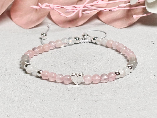 Perlenarmband aus Rosenquarz, Mondstein & Labradorit  4mm, Silber-Elemente, Makramee-Verschluss, Handgemacht