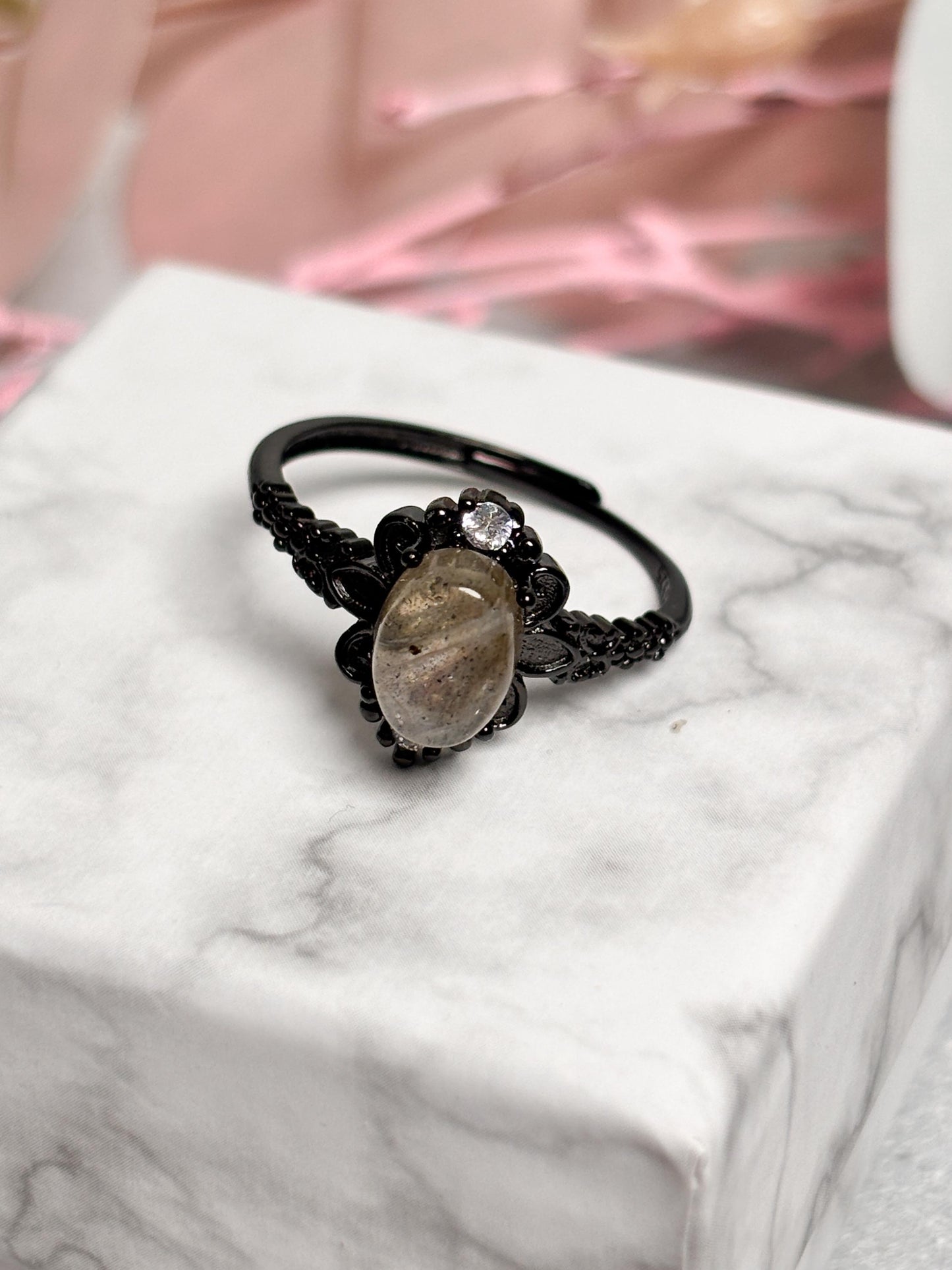 Vintage Retro Ring 925 Silber Ovaler Labradorit in Schwarz | Edelstein Schmuck Boho Stil
