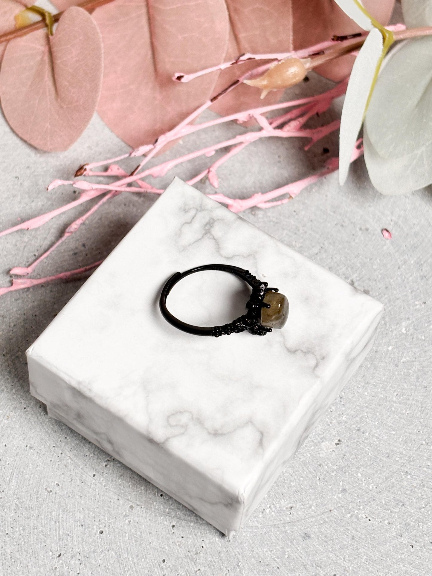 Vintage Retro Ring 925 Silber Ovaler Labradorit in Schwarz | Edelstein Schmuck Boho Stil