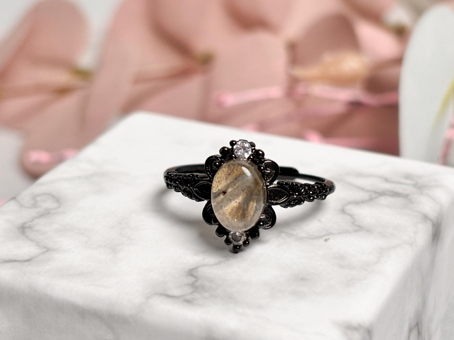 Vintage Retro Ring 925 Silber Ovaler Labradorit in Schwarz | Edelstein Schmuck Boho Stil