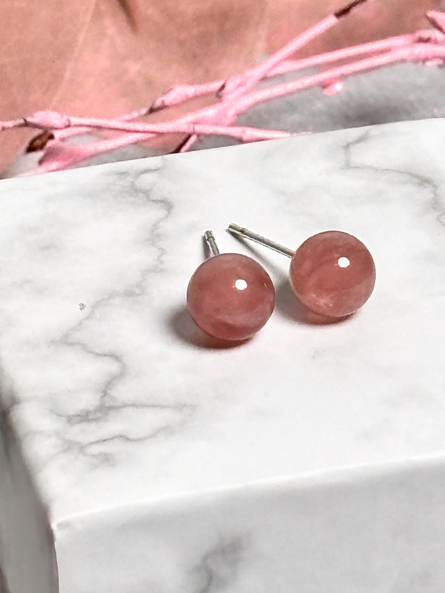 Erdbeerquarz Perlenohrstecker 6mm 925 Silber Steckernadel | Natürlicher Edelstein Ohrschmuck
