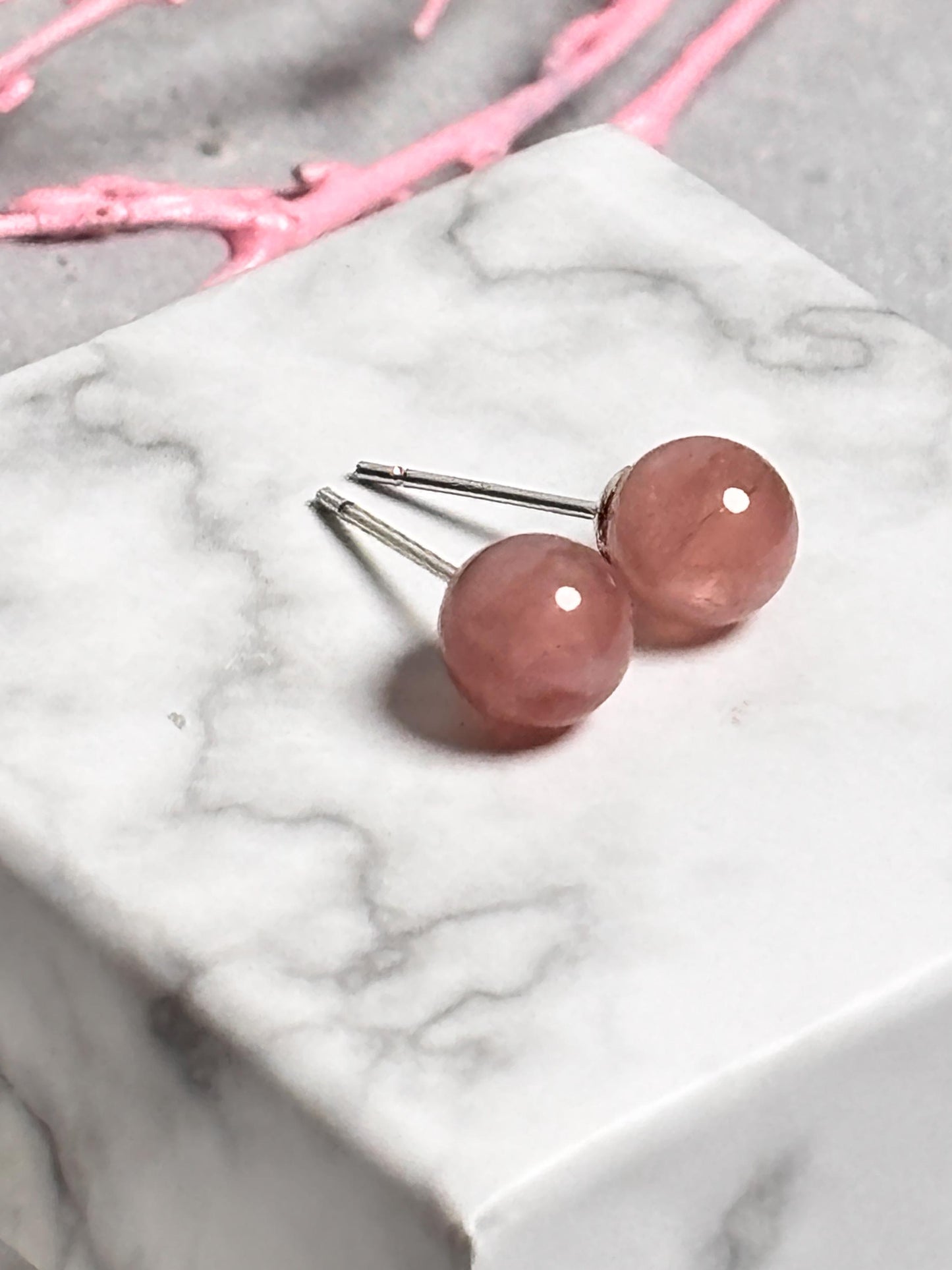 Erdbeerquarz Perlenohrstecker 6mm 925 Silber Steckernadel | Natürlicher Edelstein Ohrschmuck