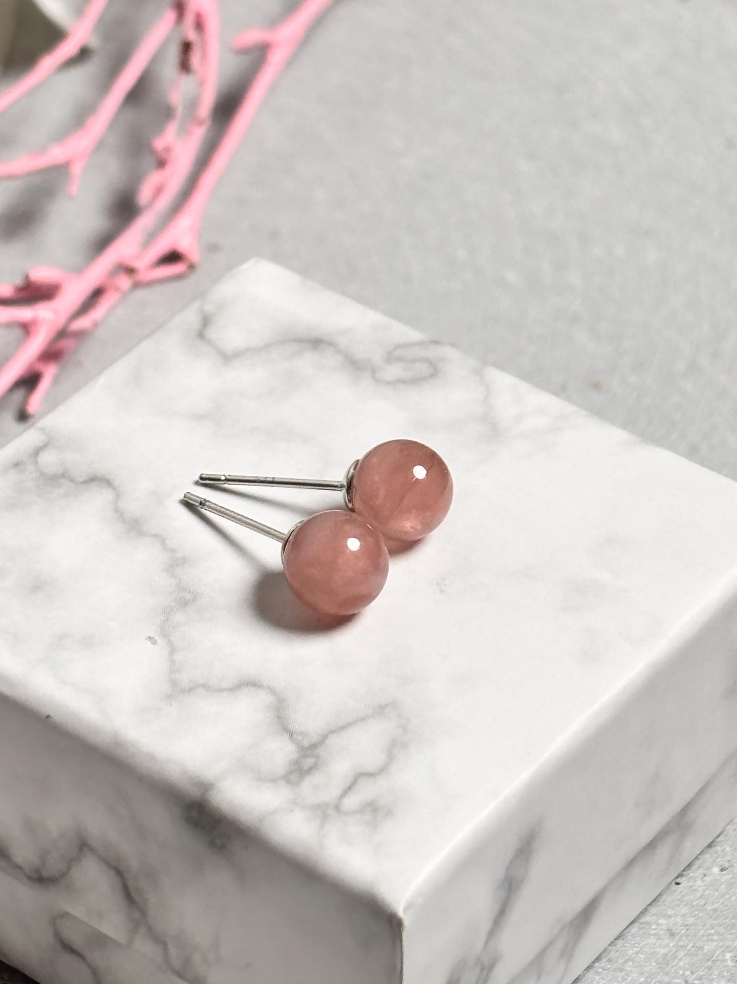 Erdbeerquarz Perlenohrstecker 6mm 925 Silber Steckernadel | Natürlicher Edelstein Ohrschmuck