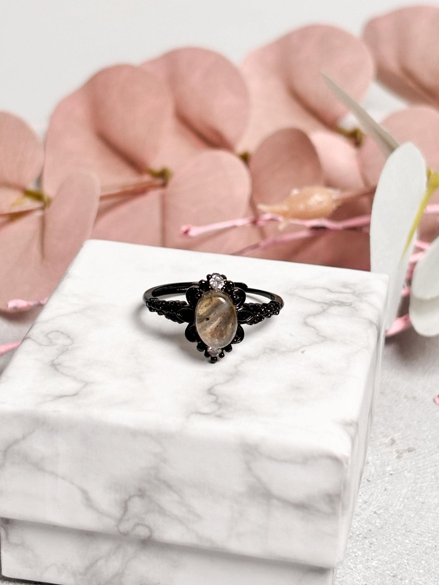Vintage Retro Ring 925 Silber Ovaler Labradorit in Schwarz | Edelstein Schmuck Boho Stil