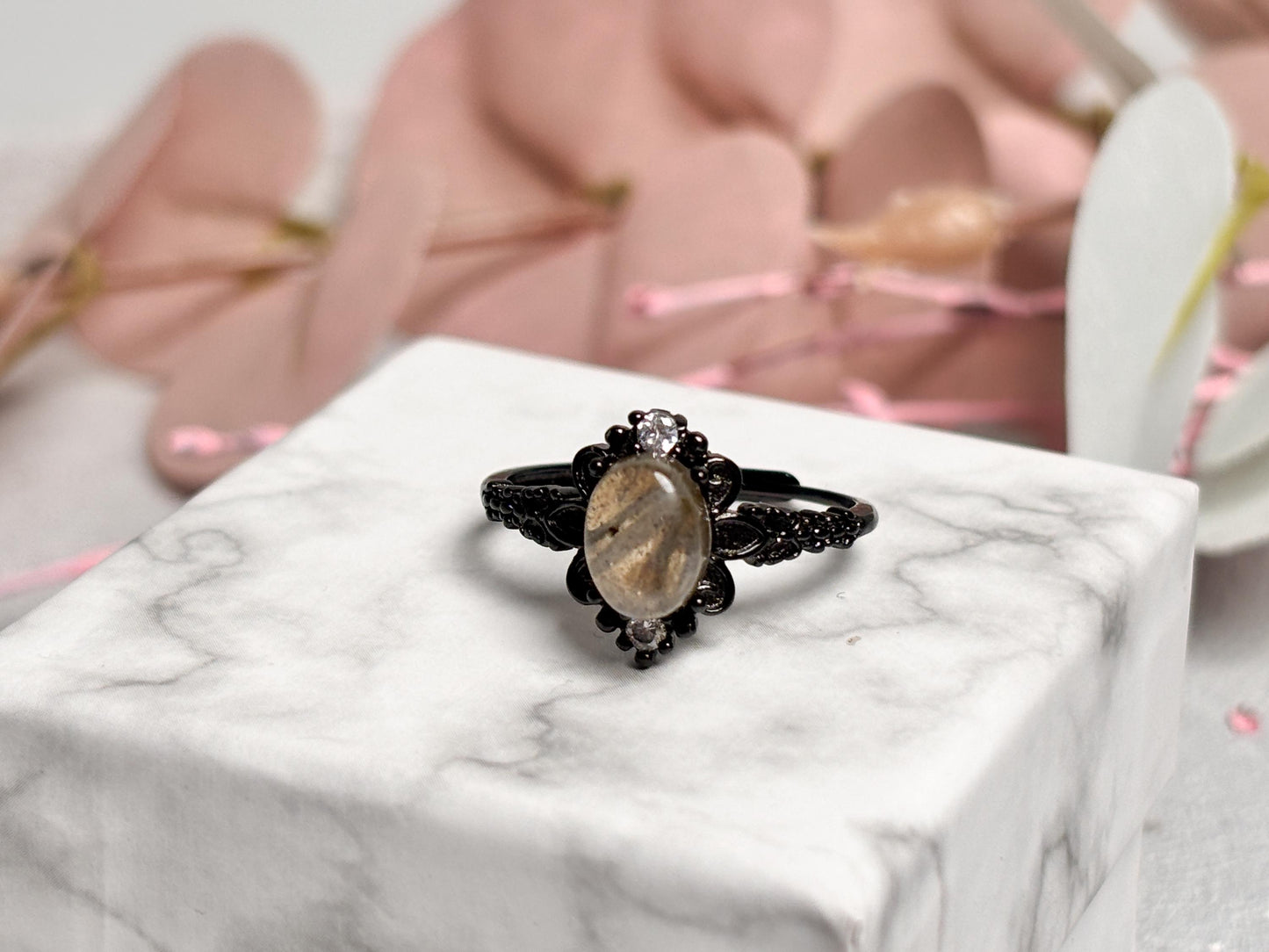 Vintage Retro Ring 925 Silber Ovaler Labradorit in Schwarz | Edelstein Schmuck Boho Stil