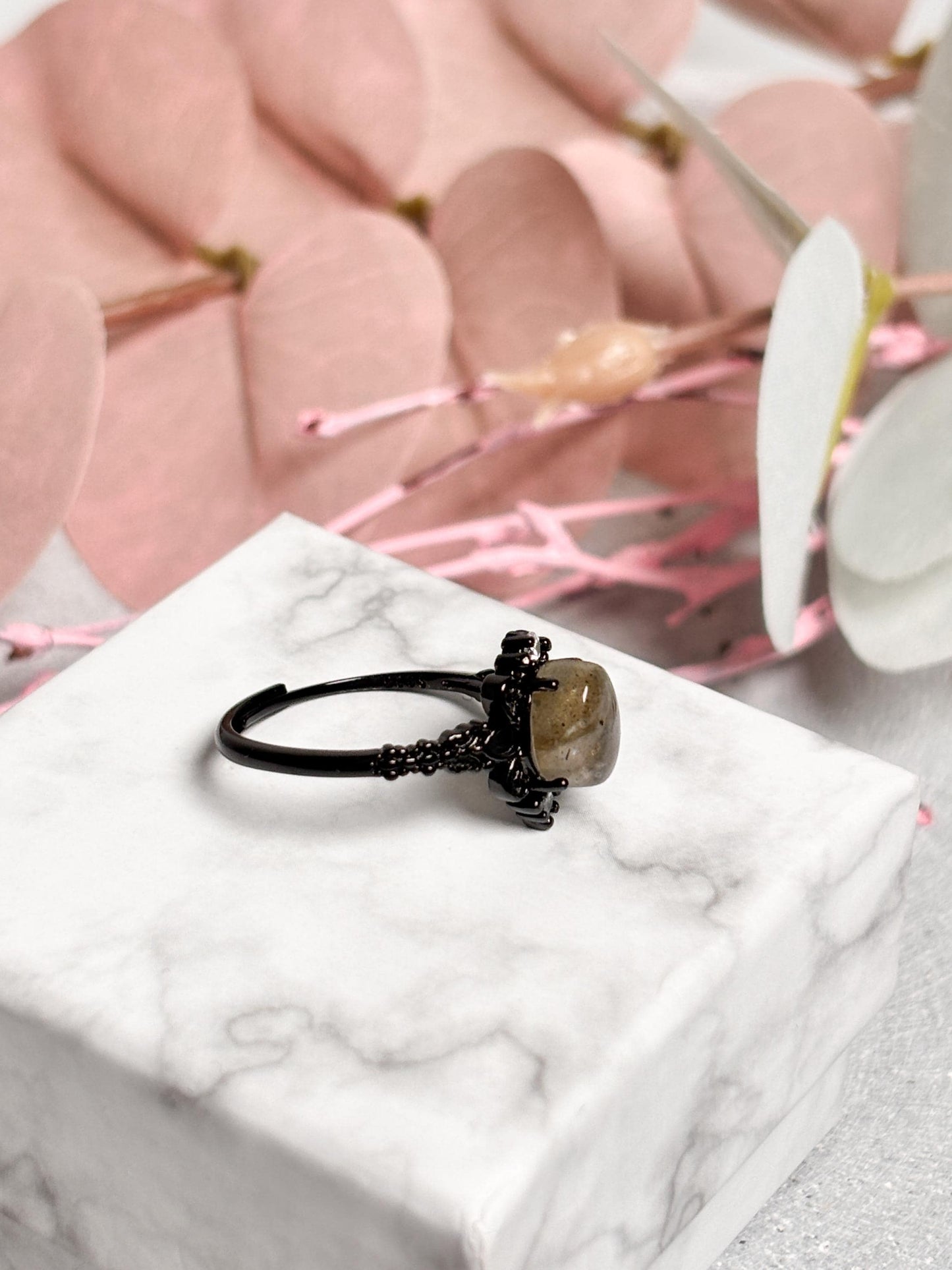 Vintage Retro Ring 925 Silber Ovaler Labradorit in Schwarz | Edelstein Schmuck Boho Stil